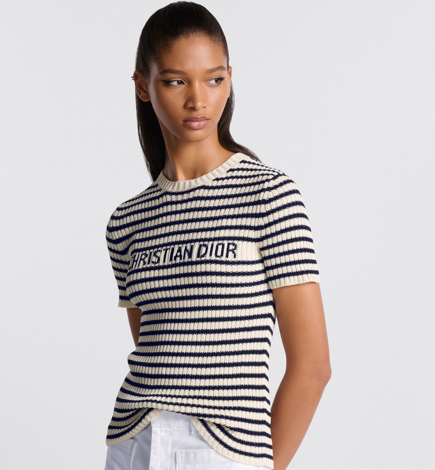 Dioriviera Short-Sleeved Sweater White And Navy Blue Cotton Ribbed Knit With Dior Marinière Motif