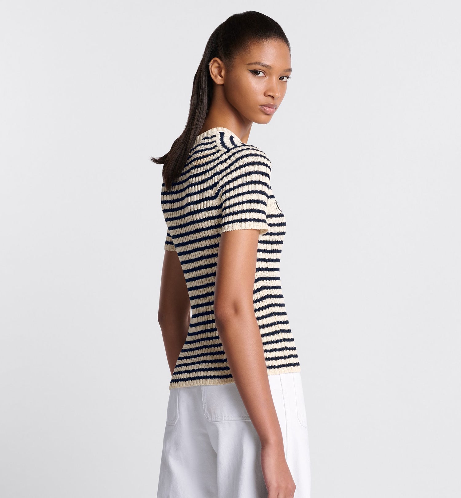 Dioriviera Short-Sleeved Sweater White And Navy Blue Cotton Ribbed Knit With Dior Marinière Motif