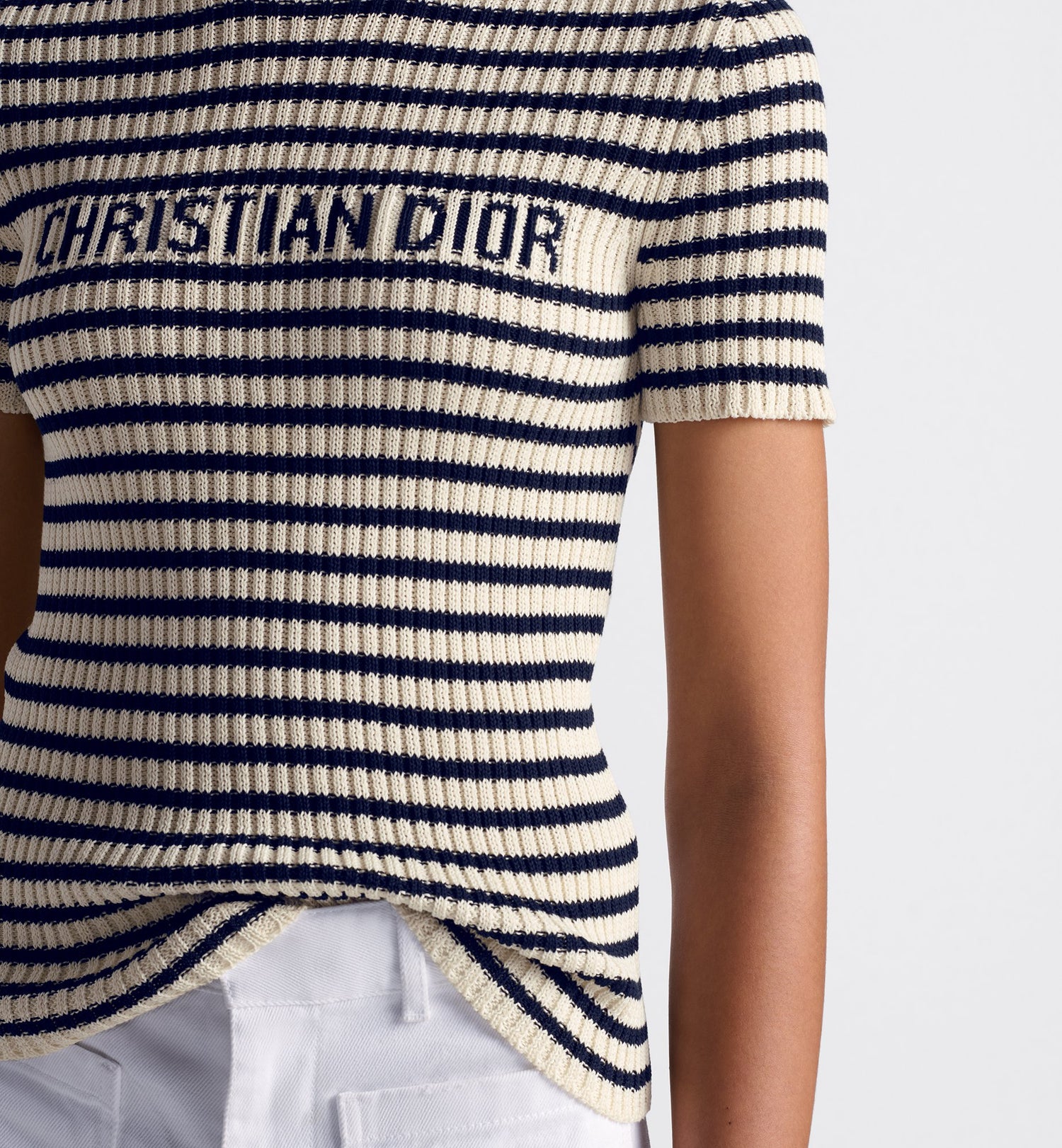 Dioriviera Short Sleeved Sweater White And Navy Blue Cotton Ribbed Knit With Dior Marinière Motif