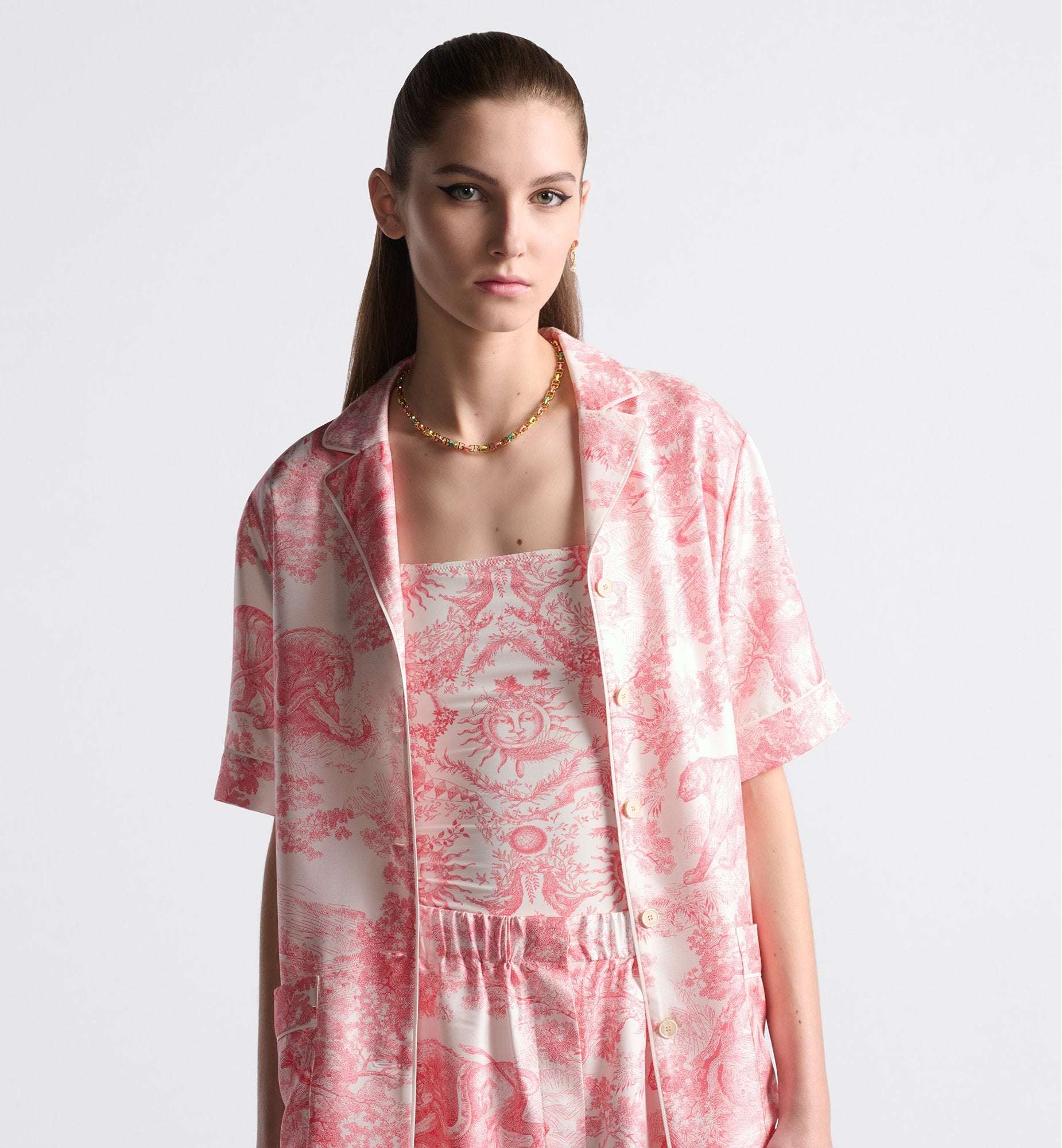 Dioriviera Dior Chez Moi Short-Sleeved Shirt White And Candy Pink Silk Twill With Toile De Jouy Sauvage Motif