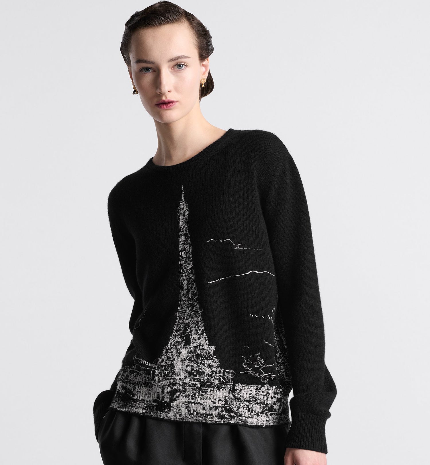 Embroidered Sweater Black And White Cashmere And Silk Knit With Paris Motif