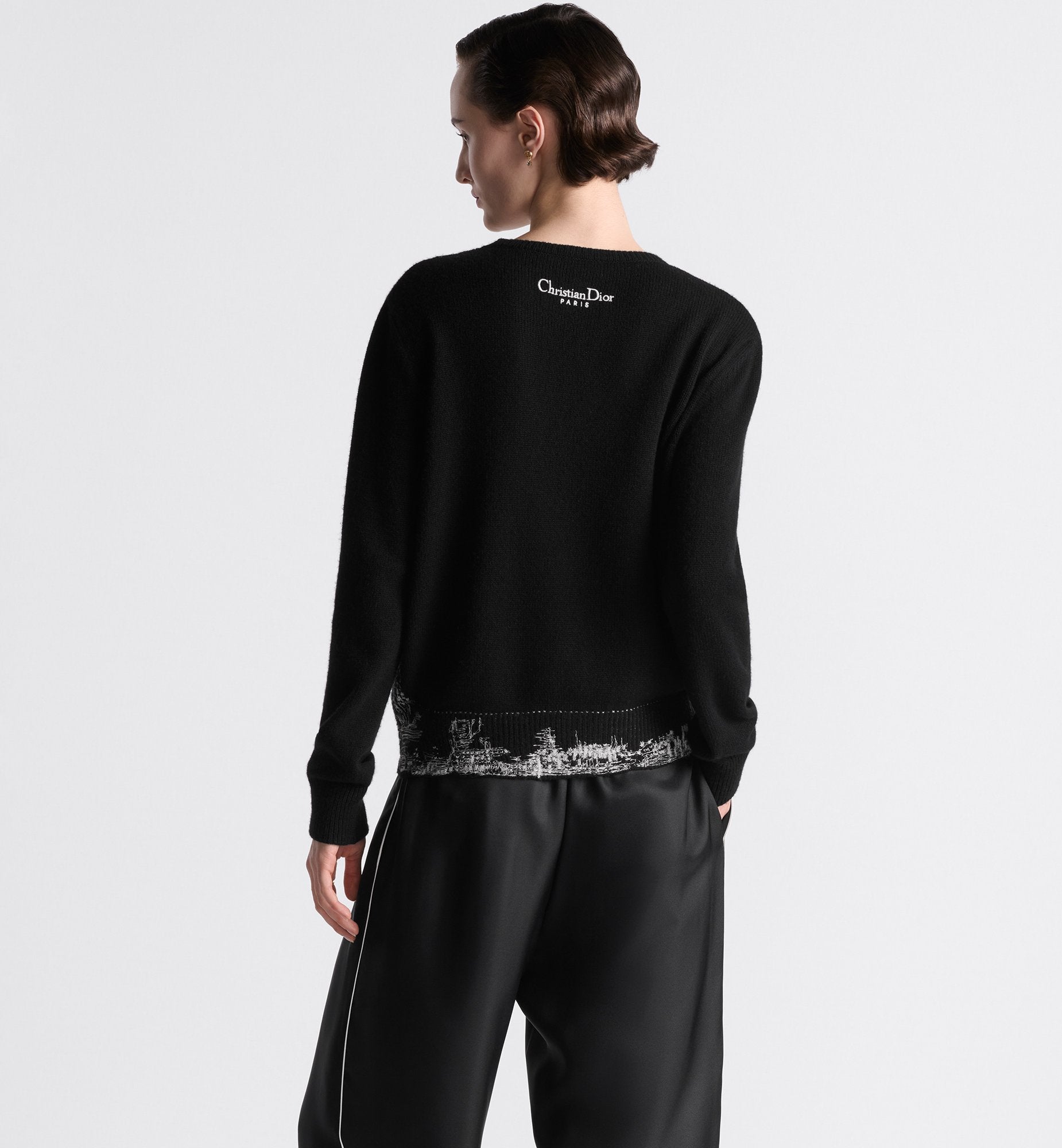 Embroidered Sweater Black And White Cashmere And Silk Knit With Paris Motif