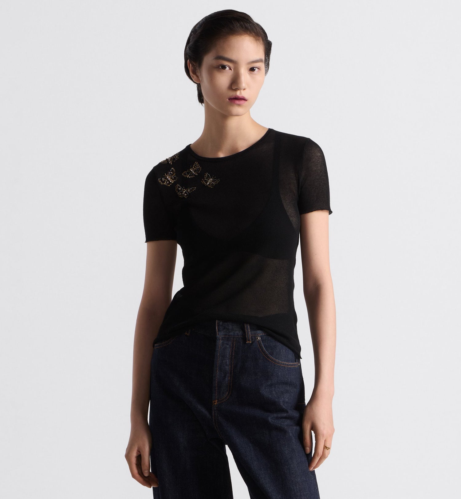 Short-Sleeved Embroidered Sweater Black Cotton Blend Knit With Butterfly Motif