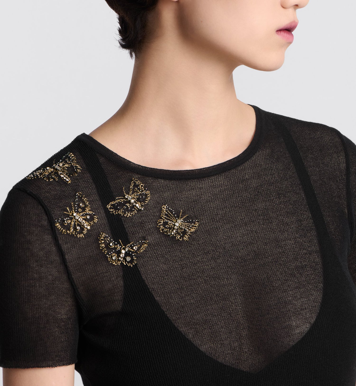 Short Sleeved Embroidered Sweater Black Cotton Blend Knit With Butterfly Motif