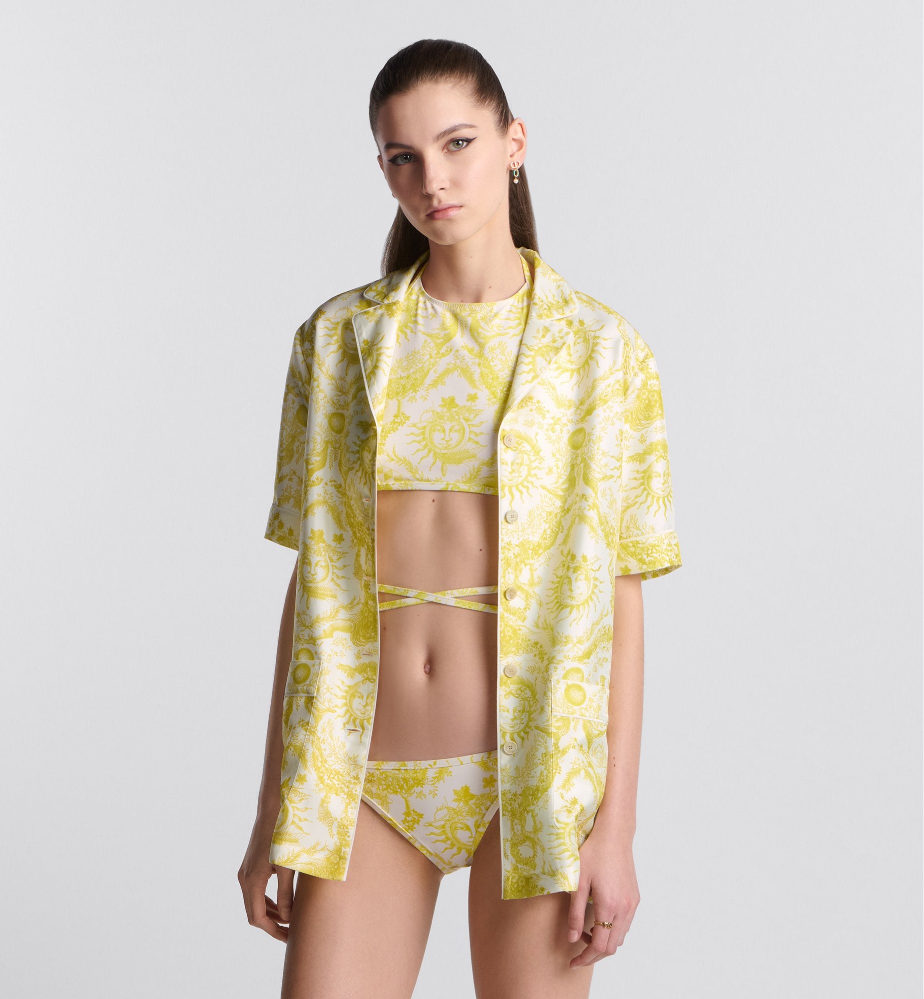 Dioriviera Bikini Bottom White And Lemon Yellow Technical Fabric With Toile De Jouy Soleil Motif