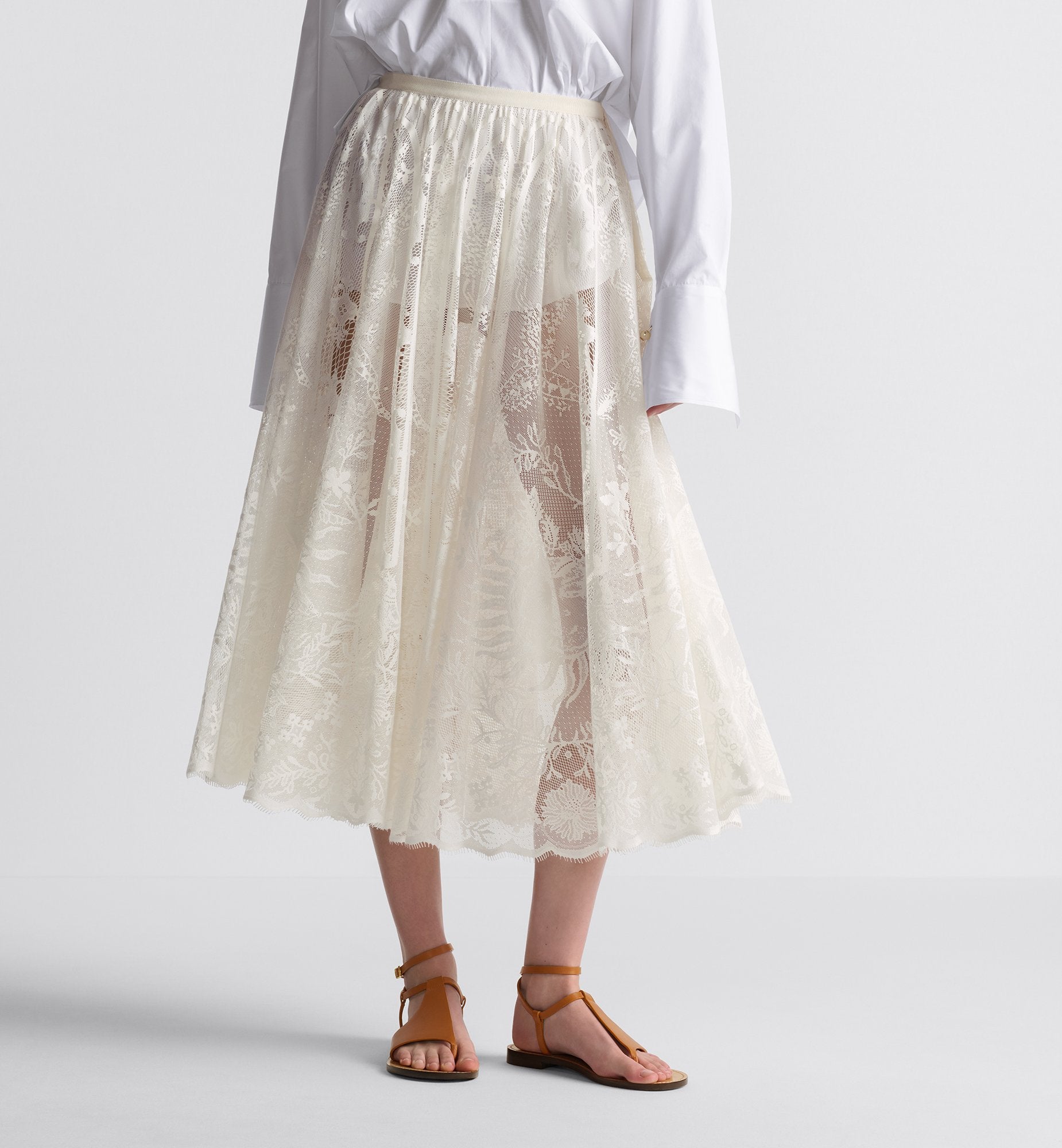 Dioriviera Flared Mid-Length Skirt White Toile De Jouy Soleil Technical Cotton Lace