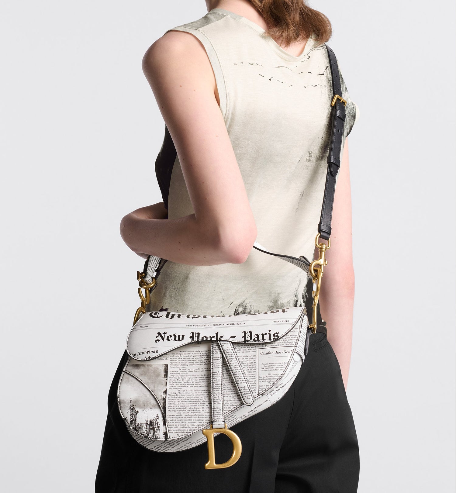 Saddle Bag With Strap White And Black Calfskin With Newspaper Print