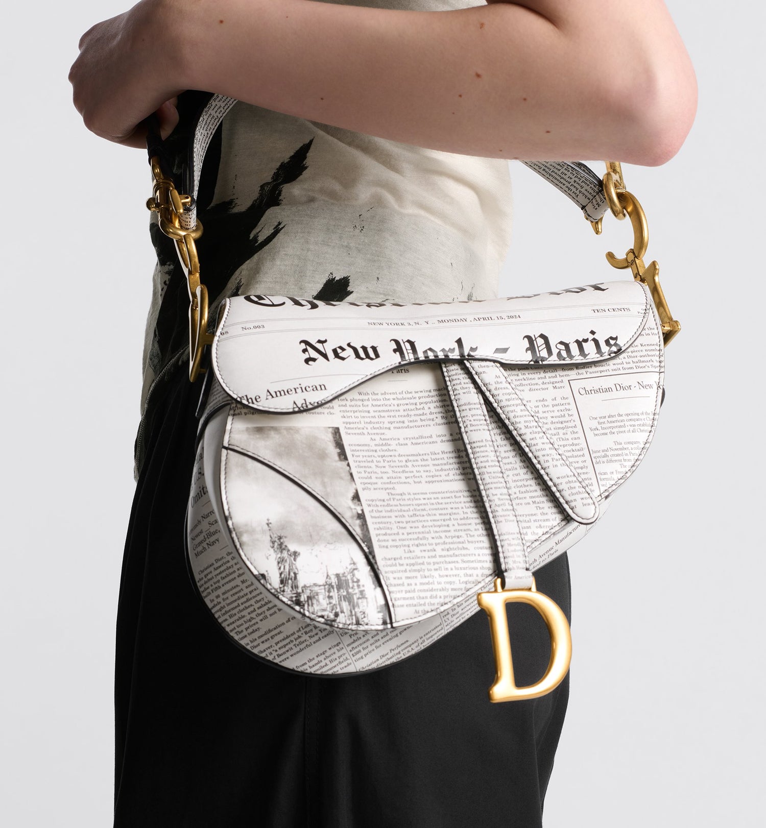 Saddle Bag With Strap White And Black Calfskin With Newspaper Print