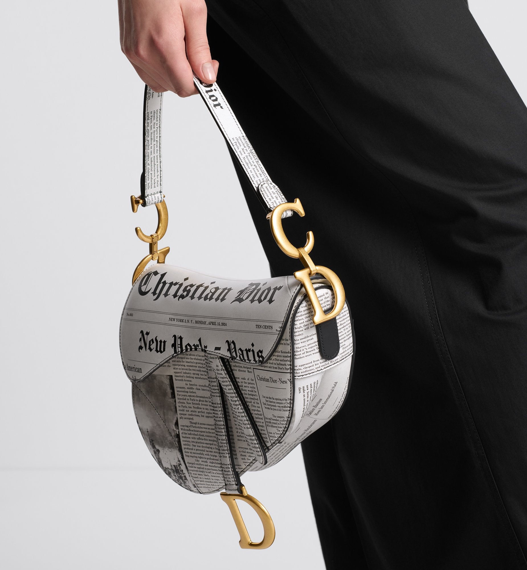 Saddle Bag With Strap White And Black Calfskin With Newspaper Print