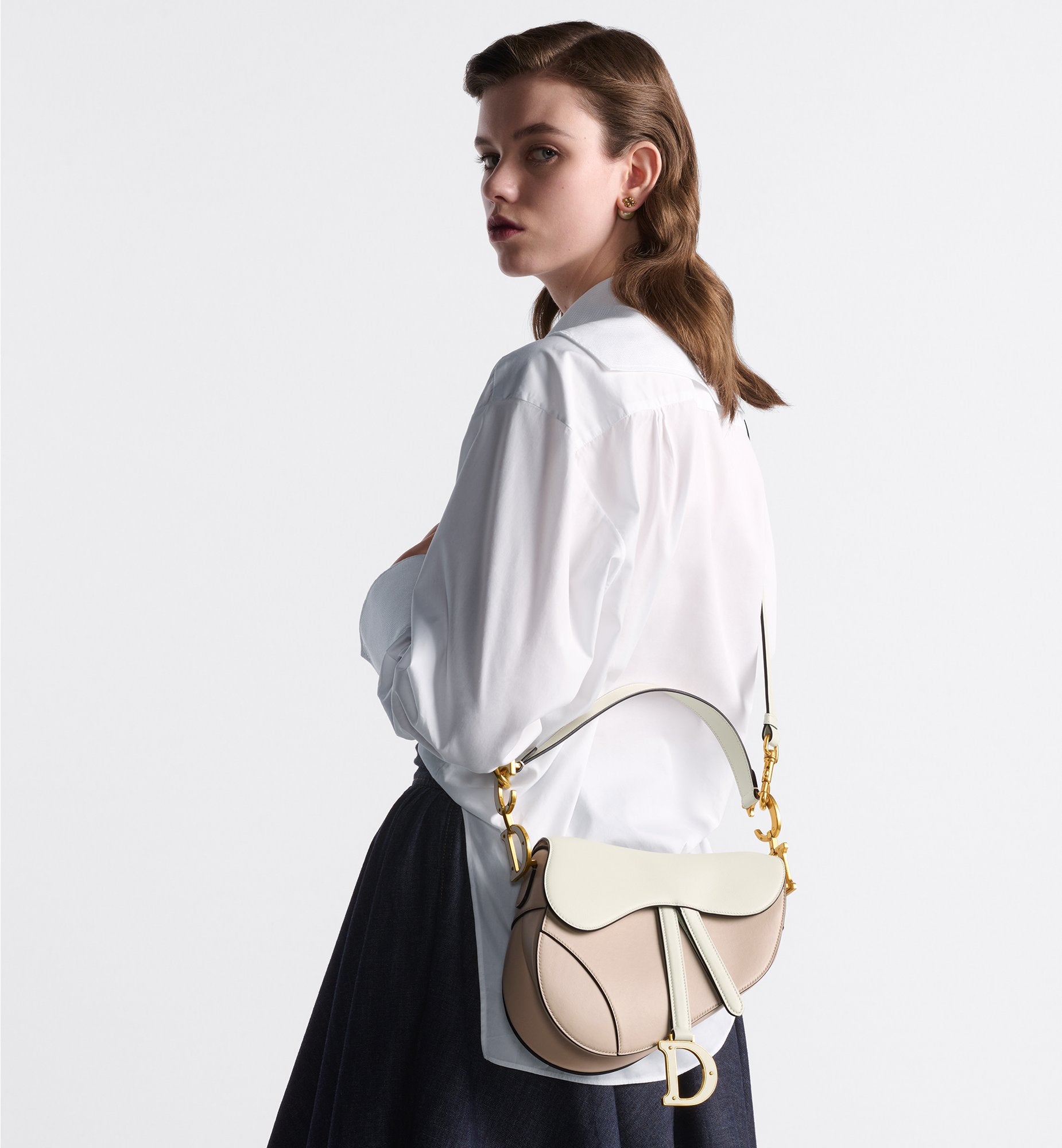 Saddle Bag With Strap Two-Tone Latte And Trench Beige Supple Calfskin