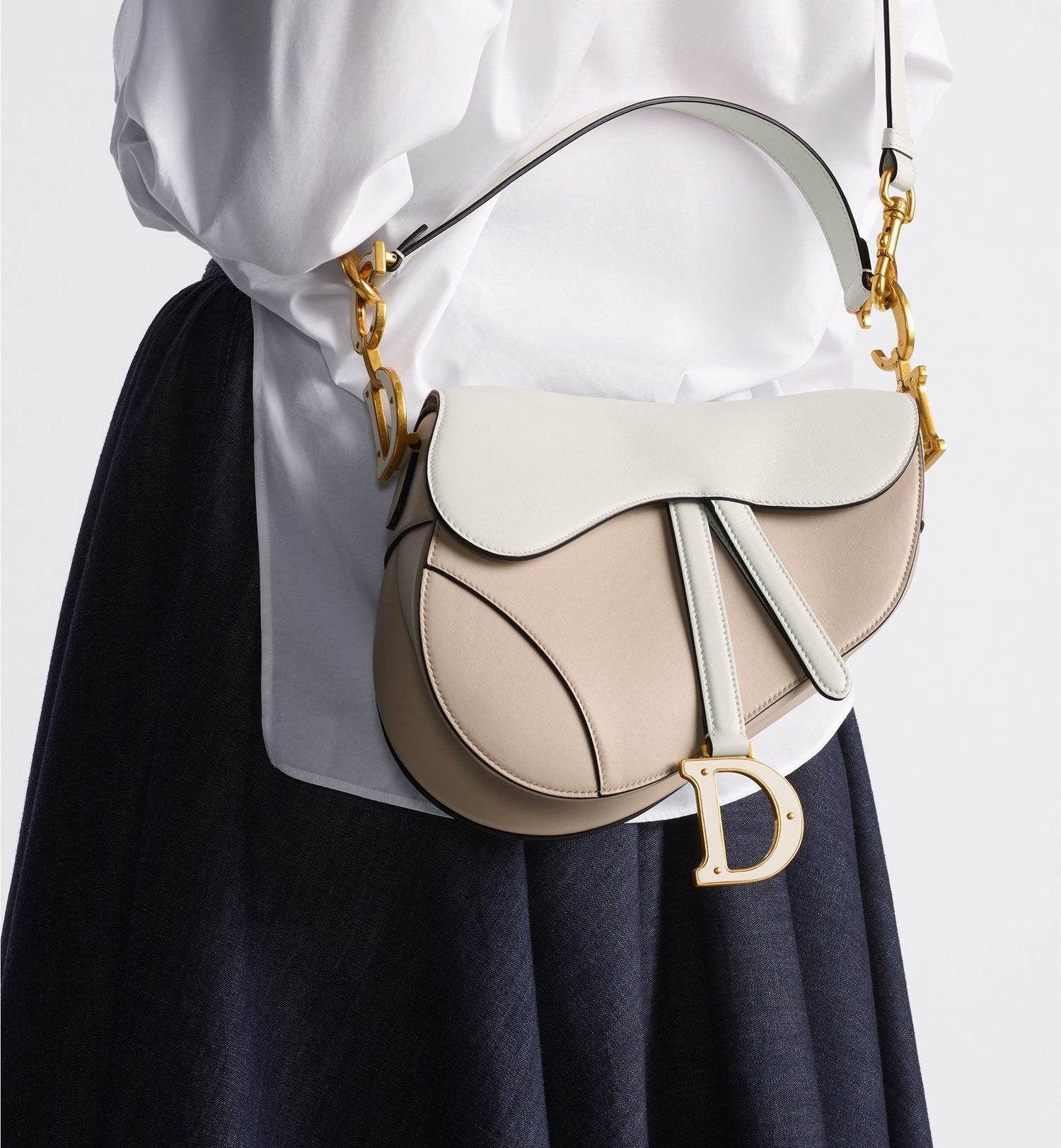 Saddle Bag With Strap Two-Tone Latte And Trench Beige Supple Calfskin