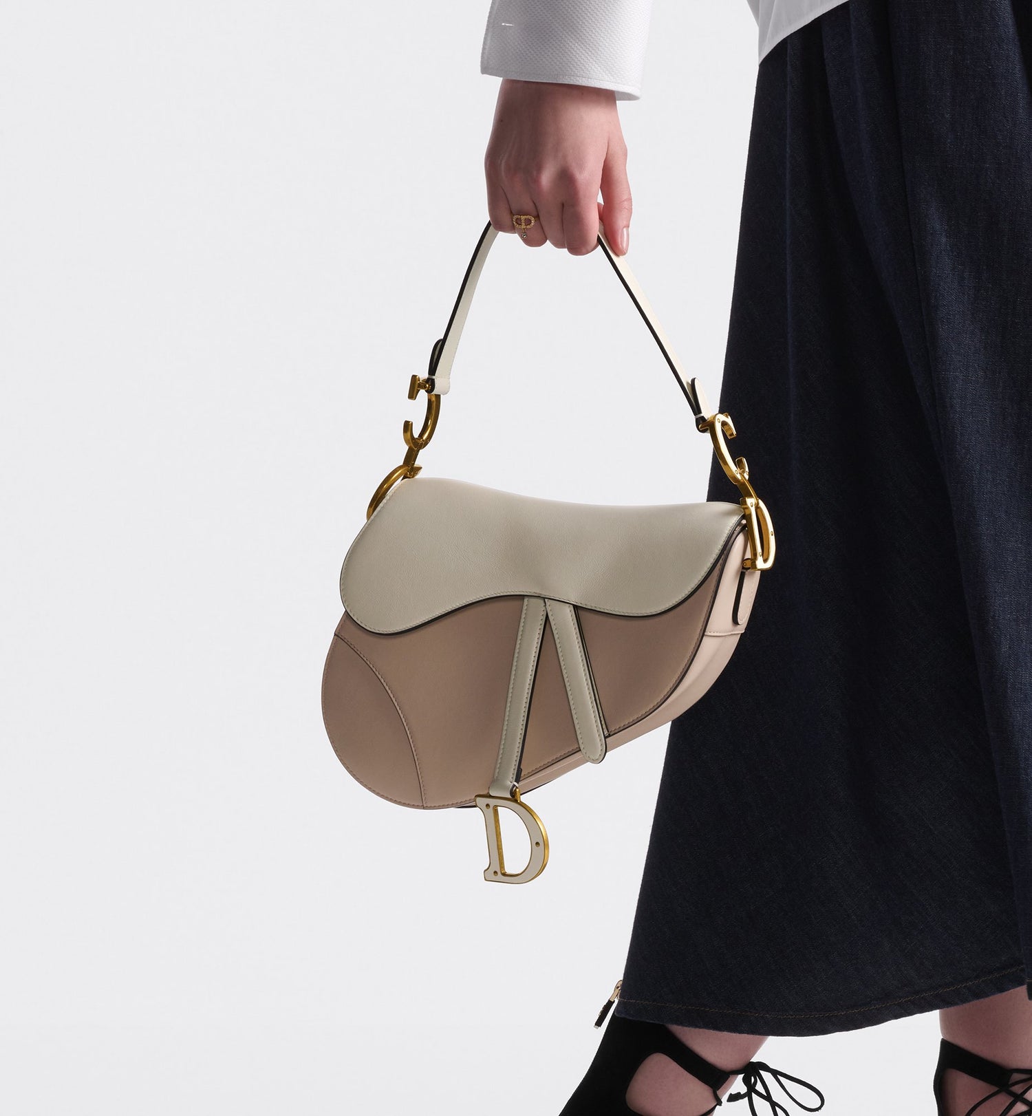 Saddle Bag With Strap Two-Tone Latte And Trench Beige Supple Calfskin