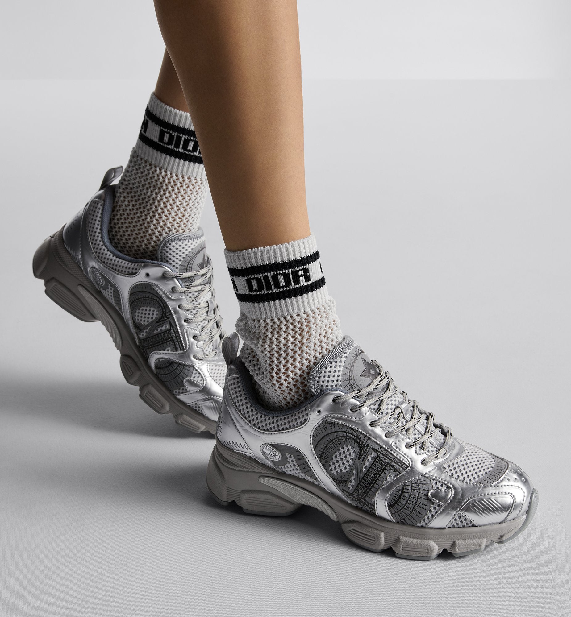 Dior Chrono Sneaker Gray Mesh With Silver-Tone Laminated Leather-Effect Panels