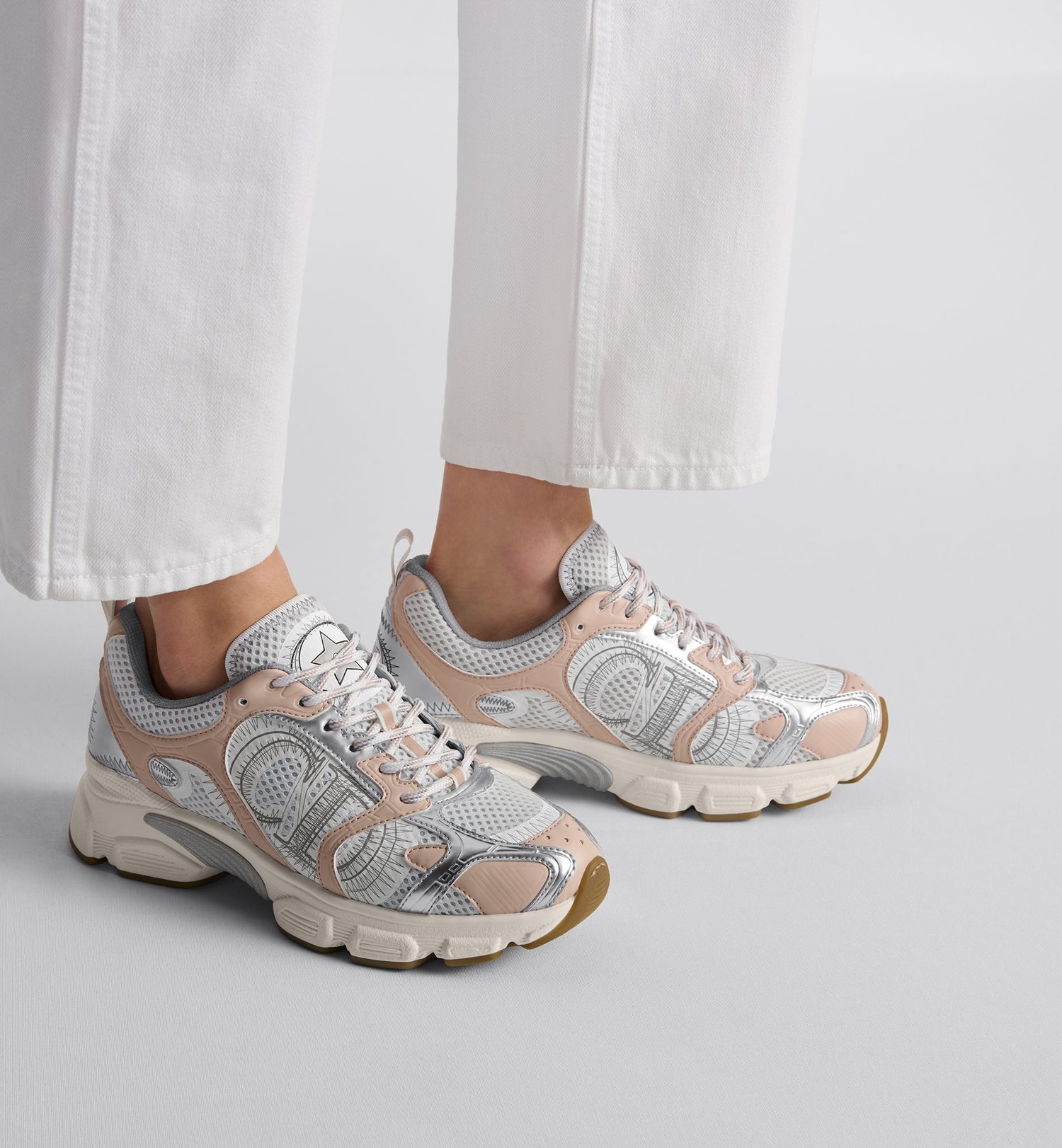 Dior Chrono Sneaker White Mesh With Nude And Silver-Tone Laminated Leather-Effect Panels