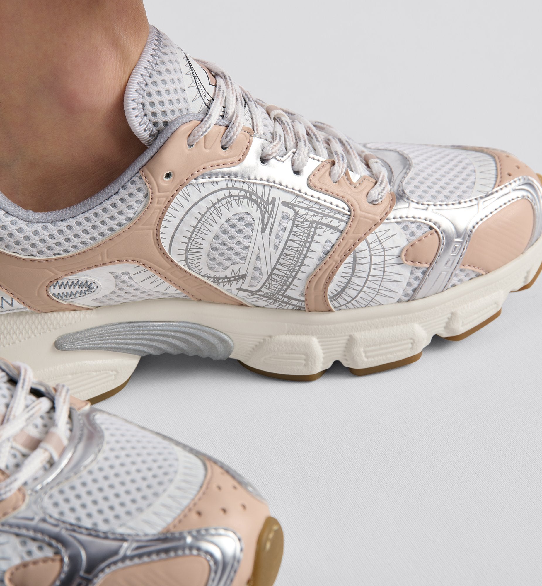 Dior Chrono Sneaker White Mesh With Nude And Silver-Tone Laminated Leather-Effect Panels