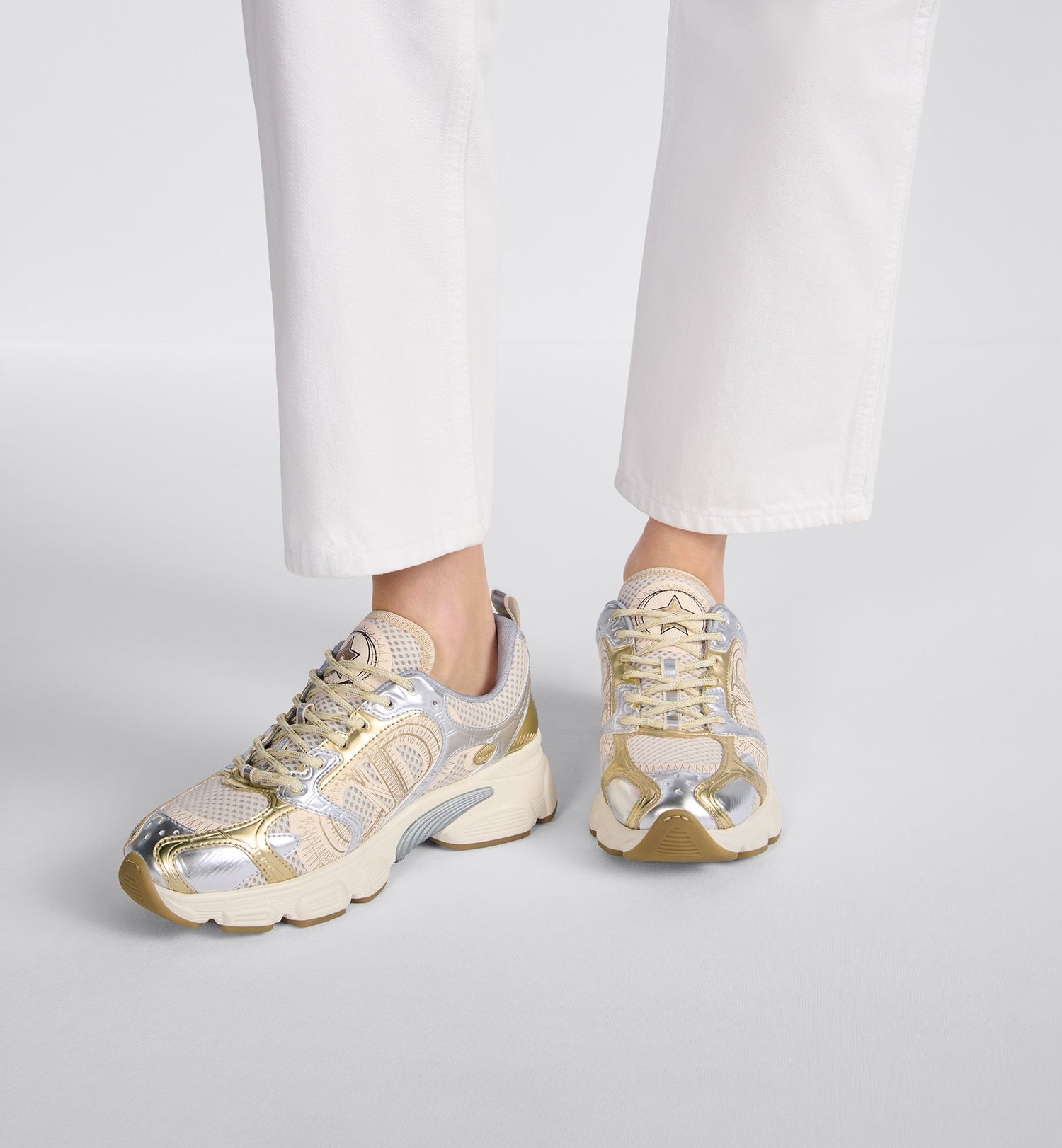 Dior Chrono Sneaker Beige Mesh With Gold-Tone And Silver-Tone Laminated Leather-Effect Panels