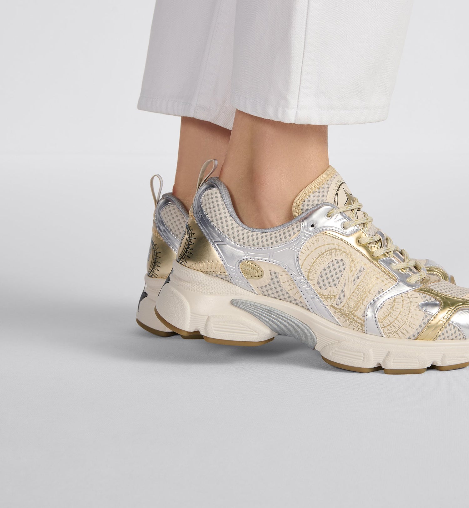 Dior Chrono Sneaker Beige Mesh With Gold-Tone And Silver-Tone Laminated Leather-Effect Panels