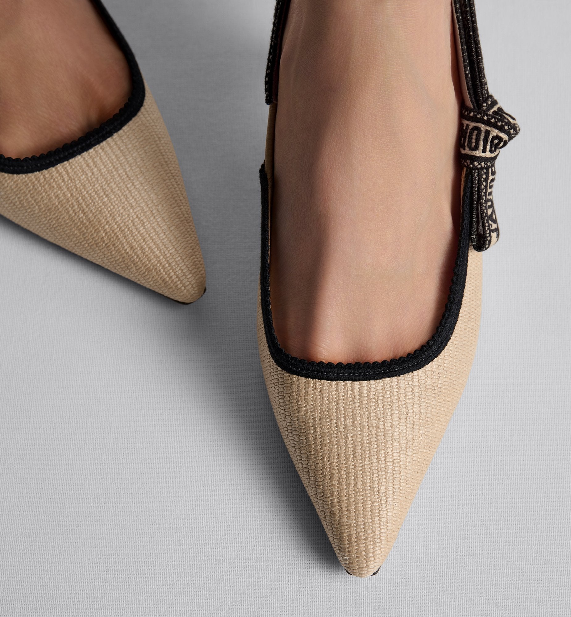 JAdior Slingback Pump Natural Raffia And Black Embroidered Cotton