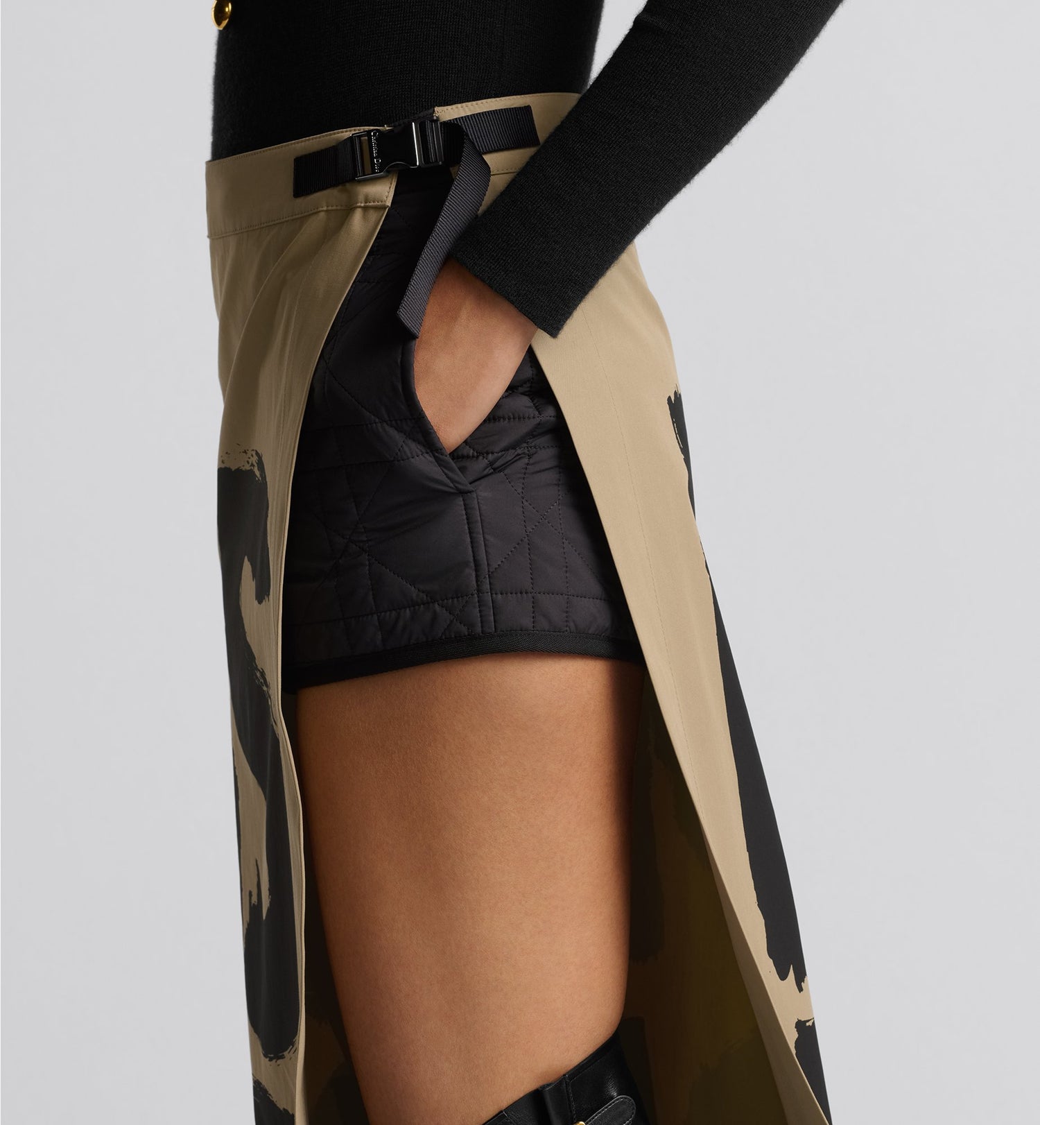 Cannage Mid Length Open Front Skirt With Integrated Shorts Beige Cotton Gabardine With Black Miss Dior Graffiti Motif