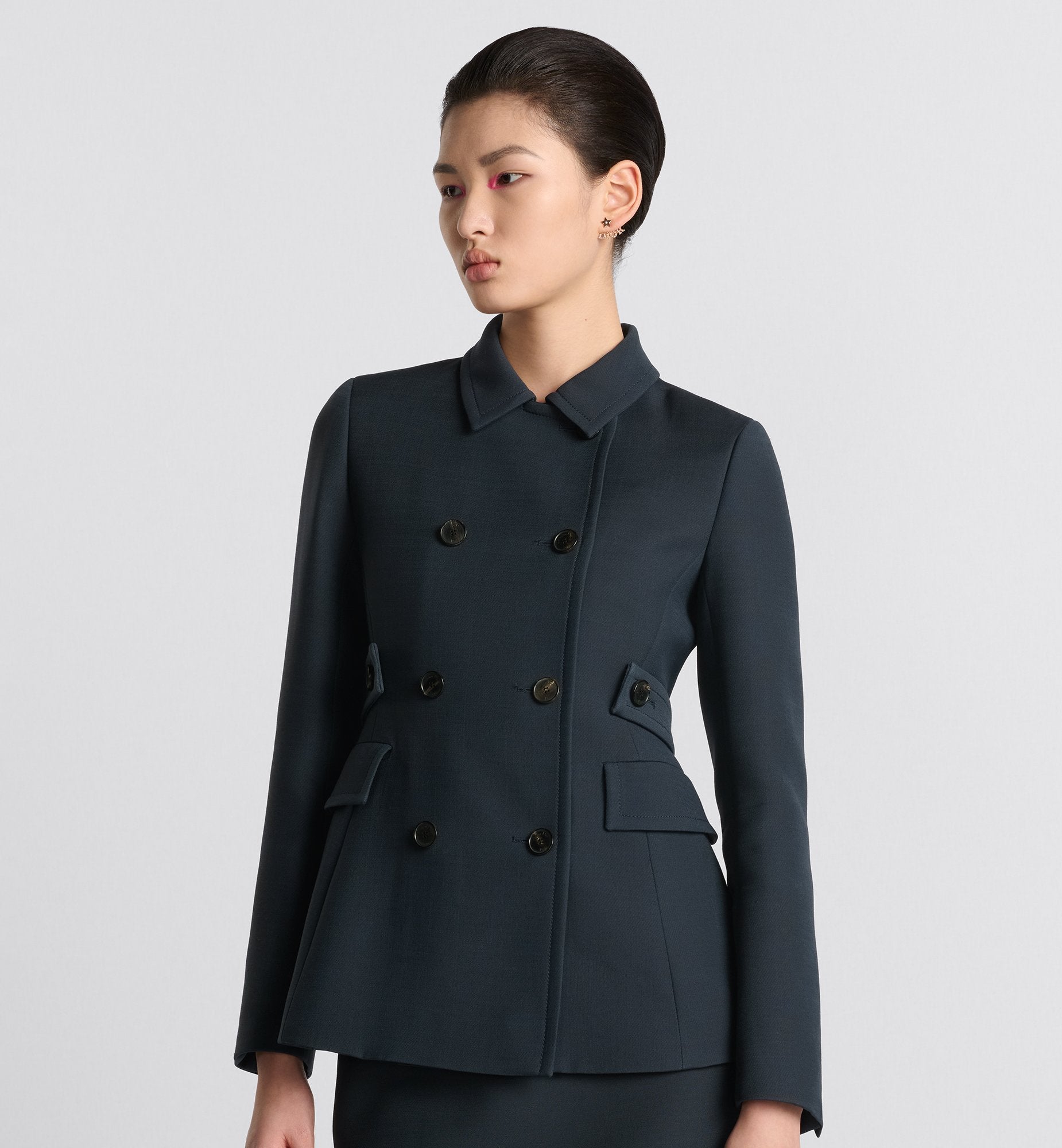 Fitted Jacket Navy Blue Wool And Silk