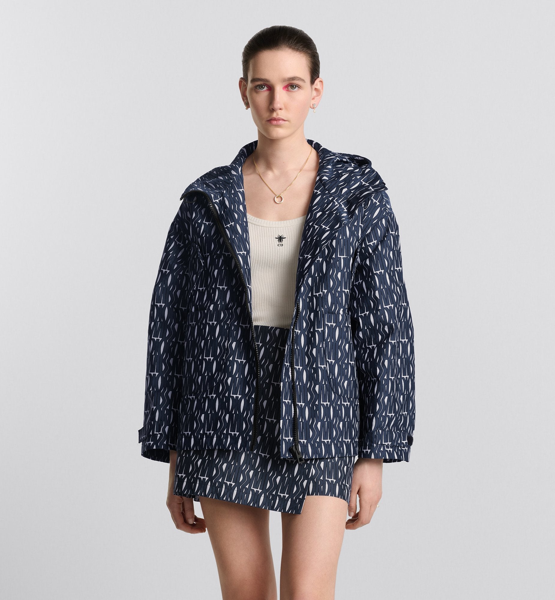 Waterproof Hooded Jacket White Technical Taffeta Jacquard With Navy Blue Miss Dior Allover Motif