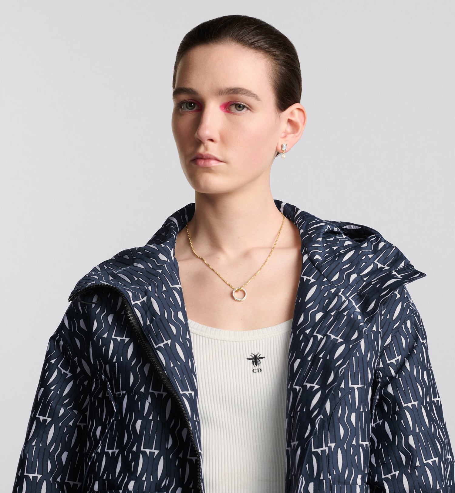 Waterproof Hooded Jacket White Technical Taffeta Jacquard With Navy Blue Miss Dior Allover Motif