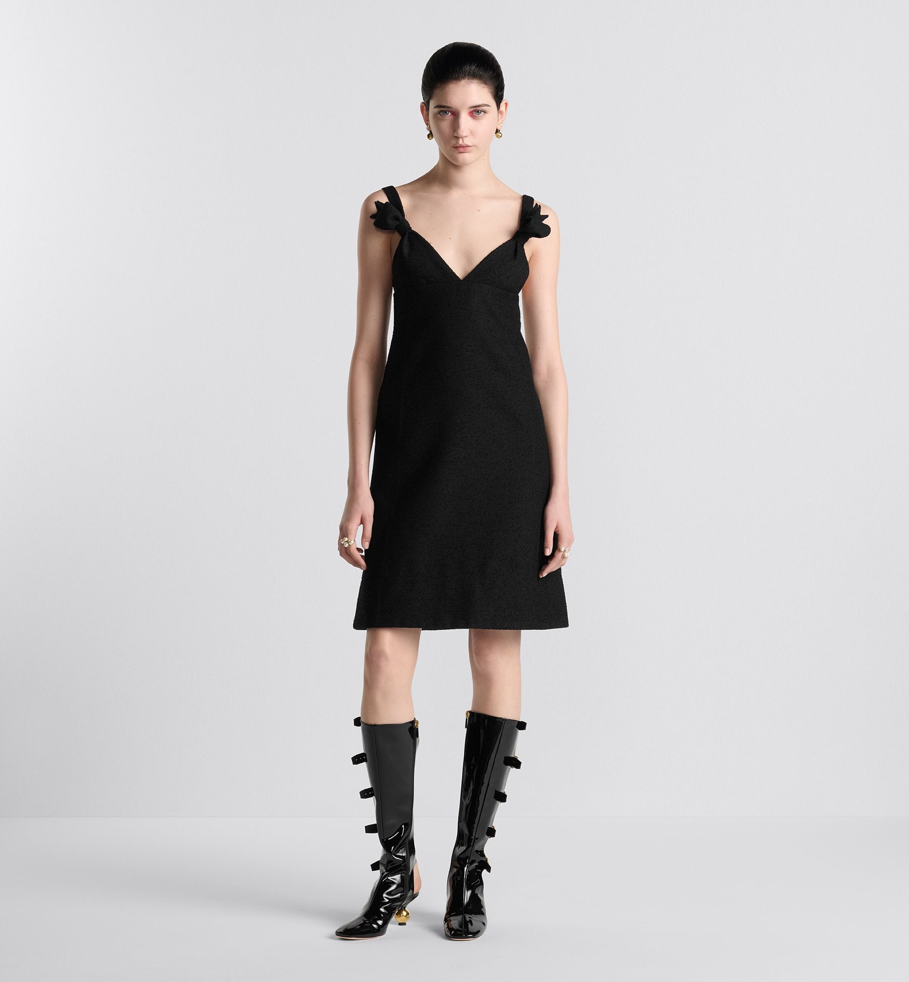 Flared Dress Black Virgin Wool And Cotton Bouclé Blend