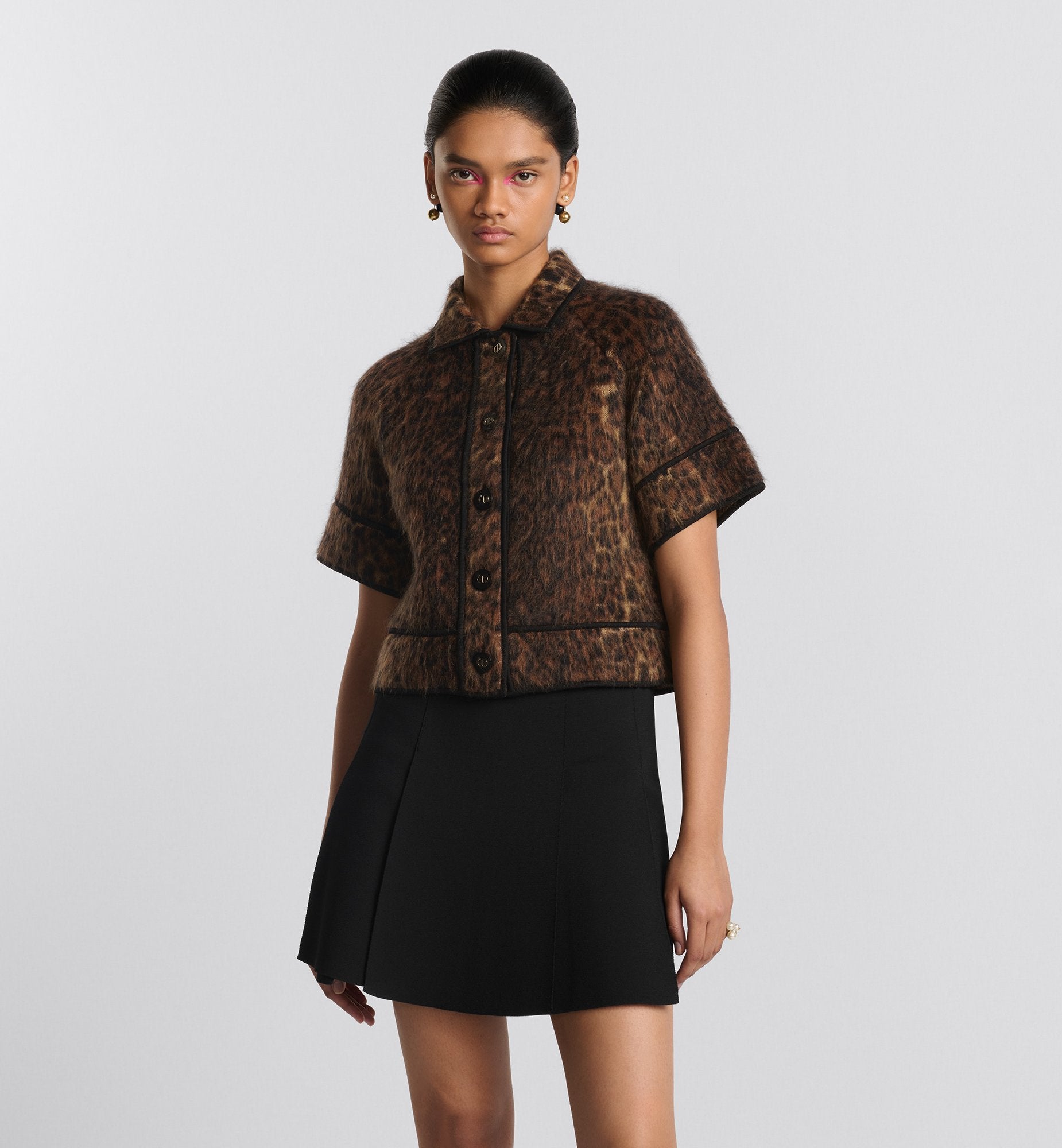 Short Sleeved Jacket Camel Mohair Wool And Silk Blend Knit With Brown Leopard Motif