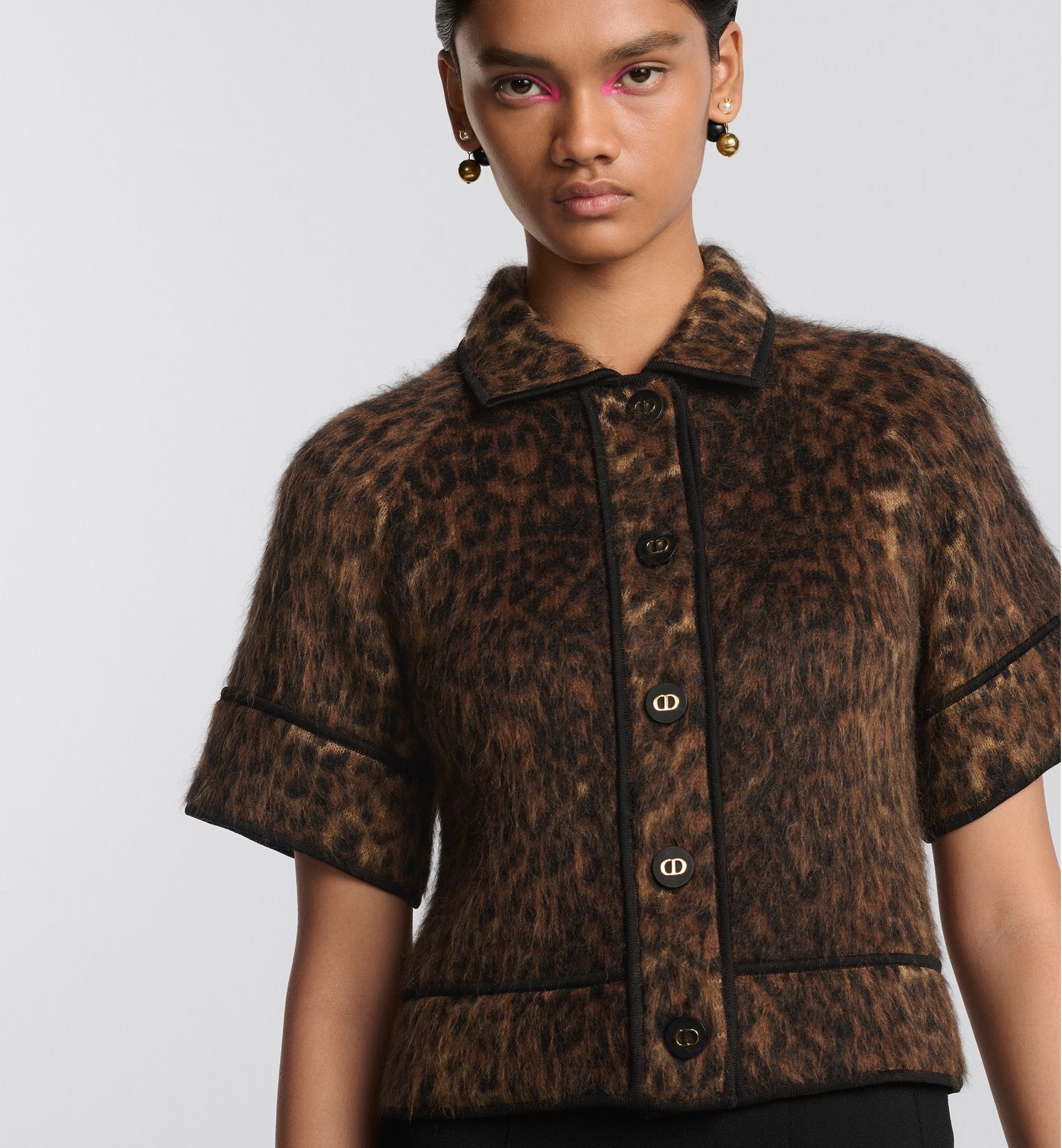 Short Sleeved Jacket Camel Mohair Wool And Silk Blend Knit With Brown Leopard Motif