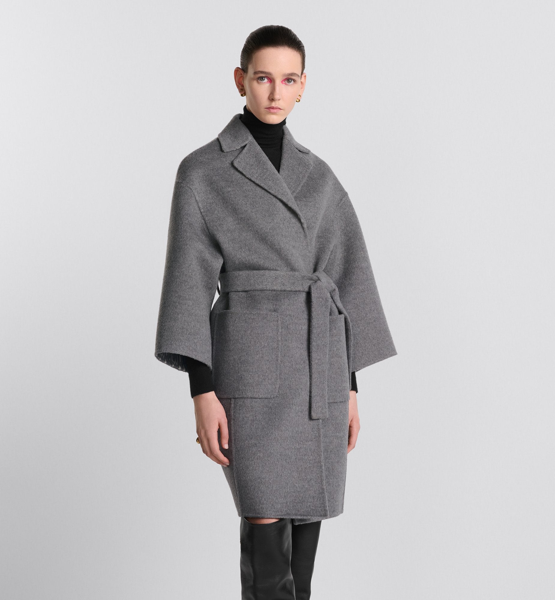 Coat With Belt Gray Double Sided Virgin Wool And Silk With Miss Dior Allover Interior