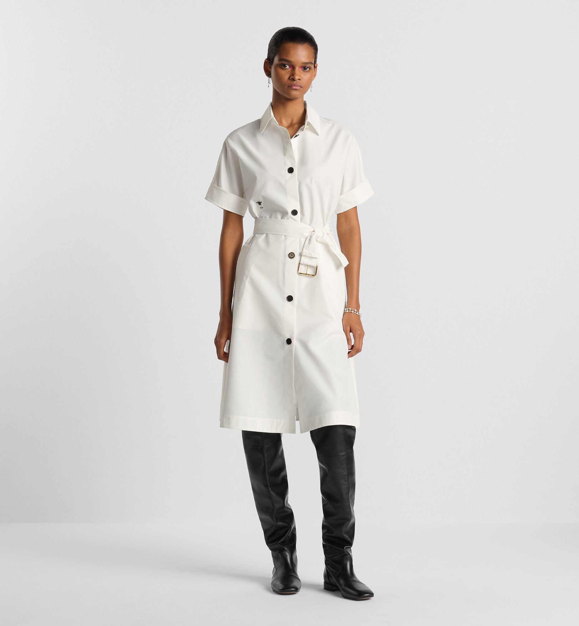 Belted Shirtdress Ecru Cotton And Silk Poplin