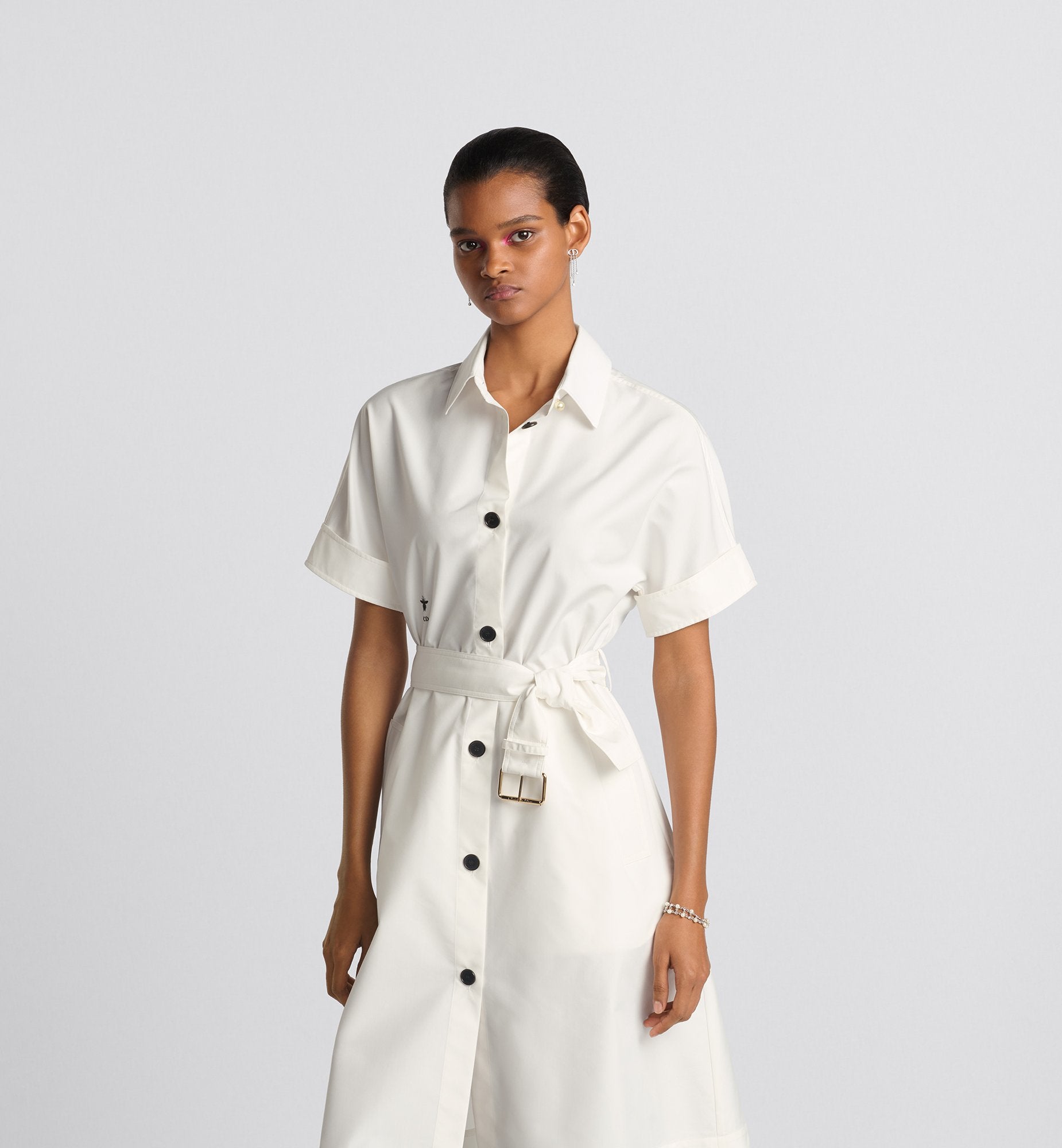 Belted Shirtdress Ecru Cotton And Silk Poplin