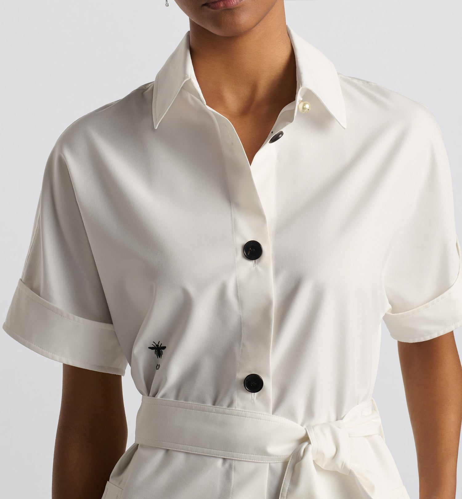 Belted Shirtdress Ecru Cotton And Silk Poplin