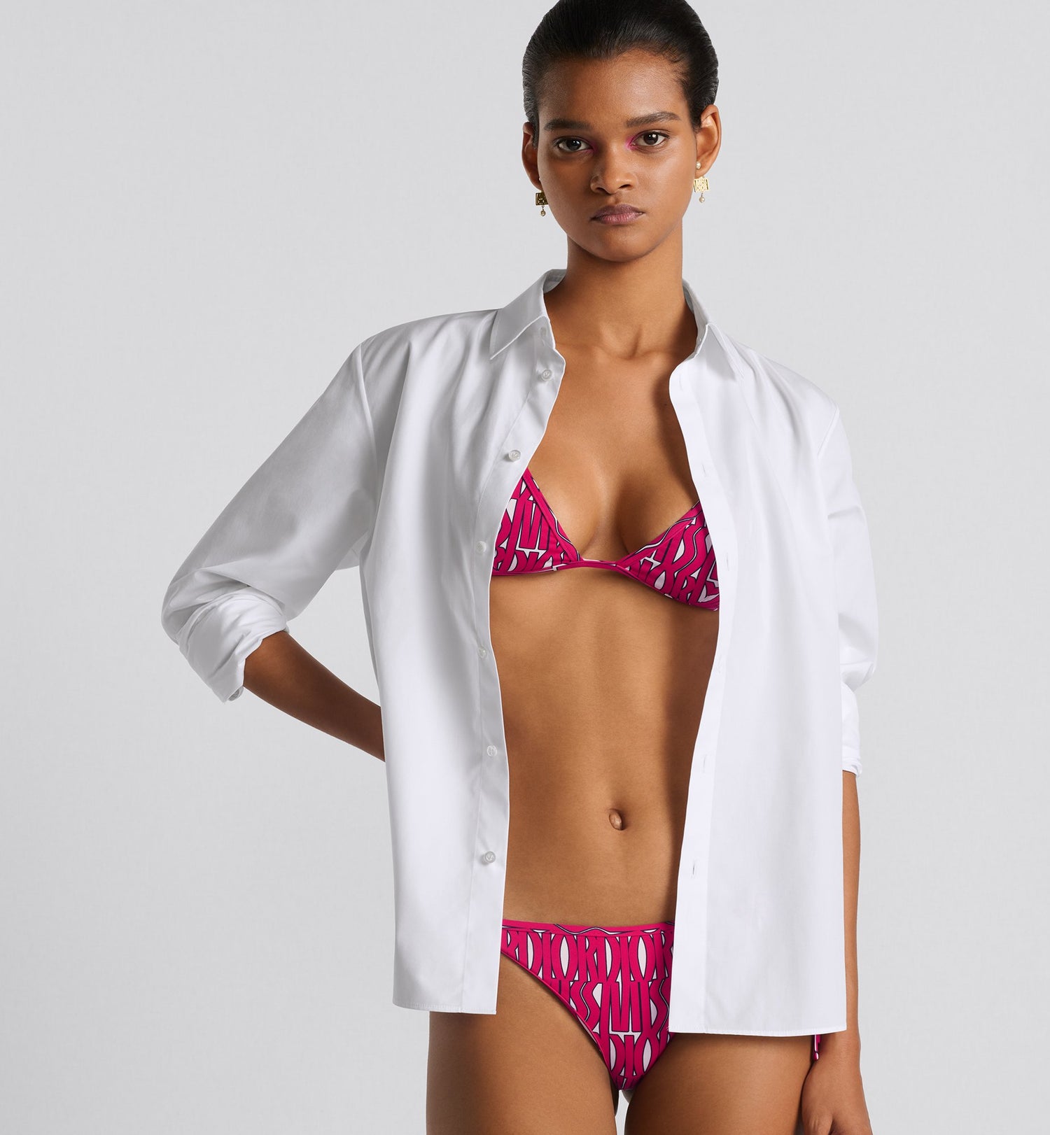 Bikini Bottom White Technical Fabric With Fuchsia Miss Dior Allover Motif