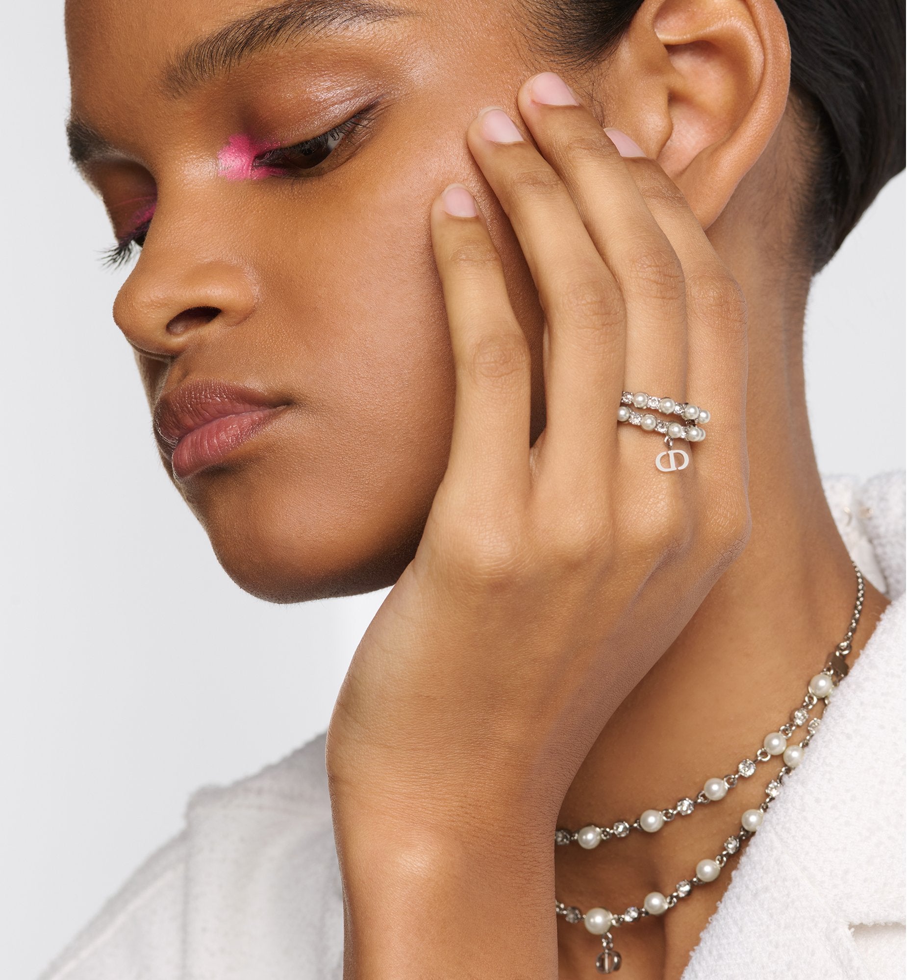 Petit Cd Treasure Ring Silver Finish Metal With White Resin Pearls And Silver-Tone Crystals