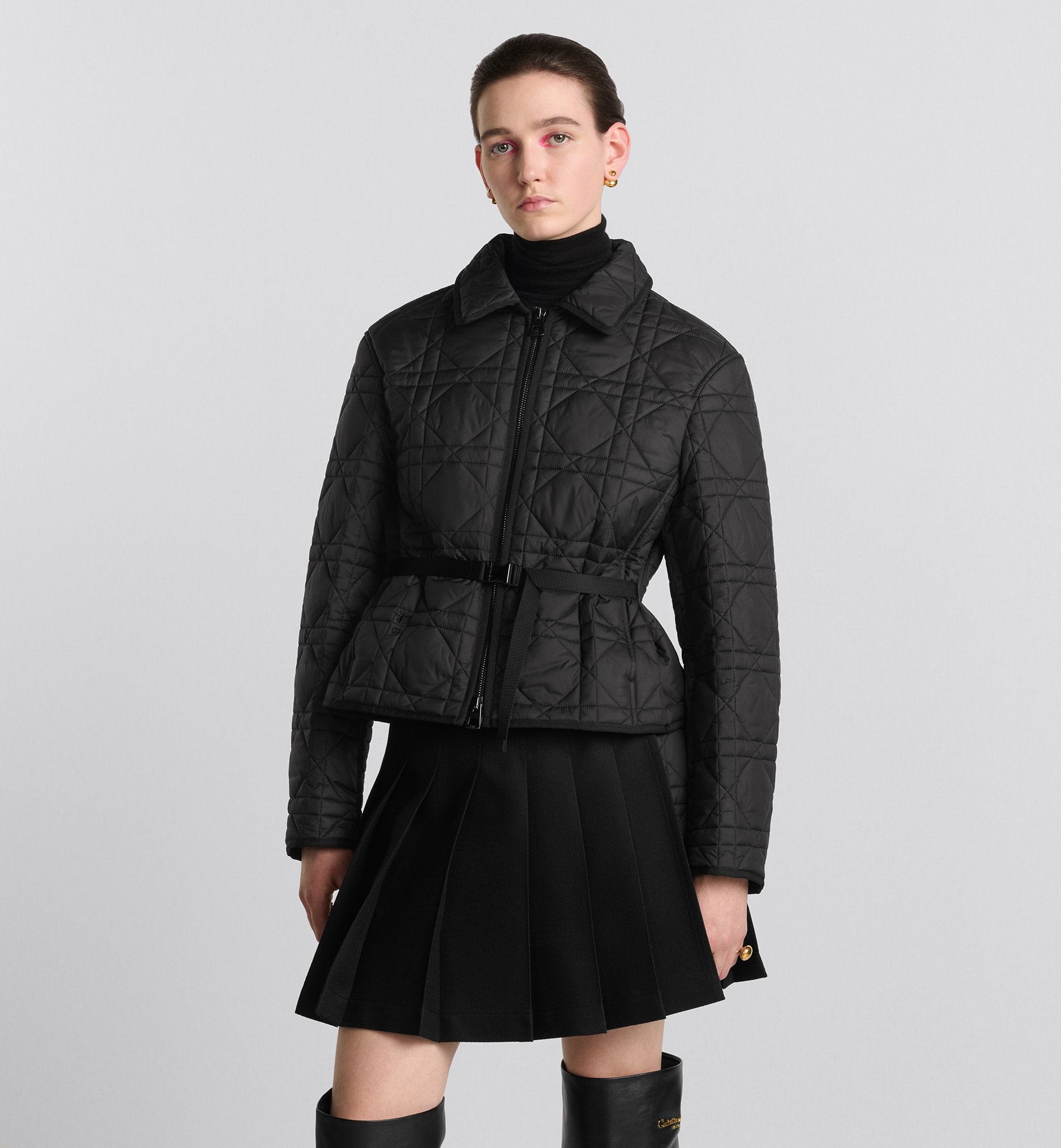 Macrocannage Belted Peacoat Black Quilted Technical Taffeta