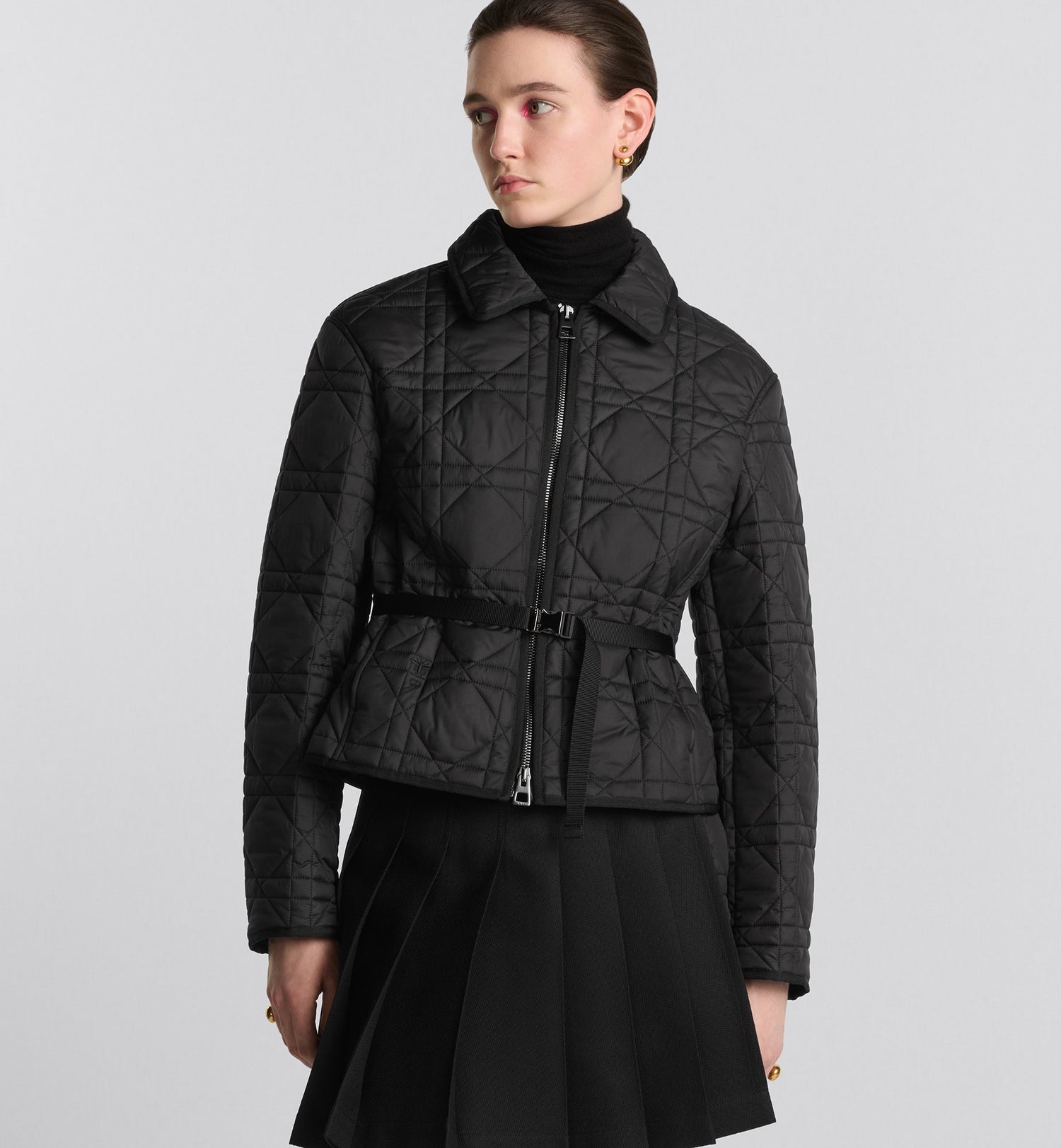 Macrocannage Belted Peacoat Black Quilted Technical Taffeta