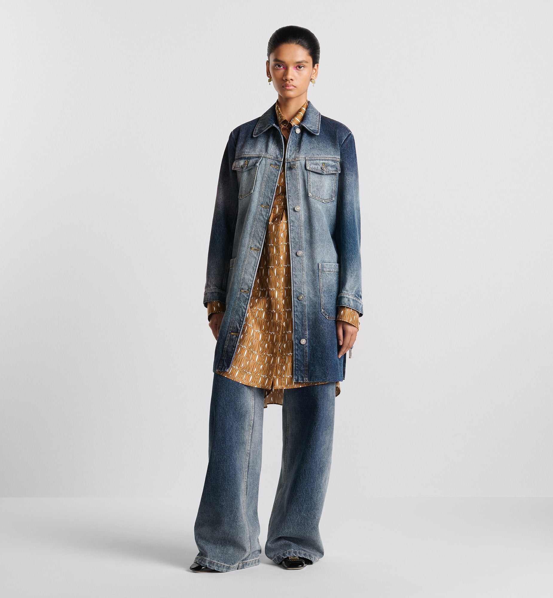 Long Belted Jacket Blue Stonewashed Cotton Denim With Dior Oblique Interior