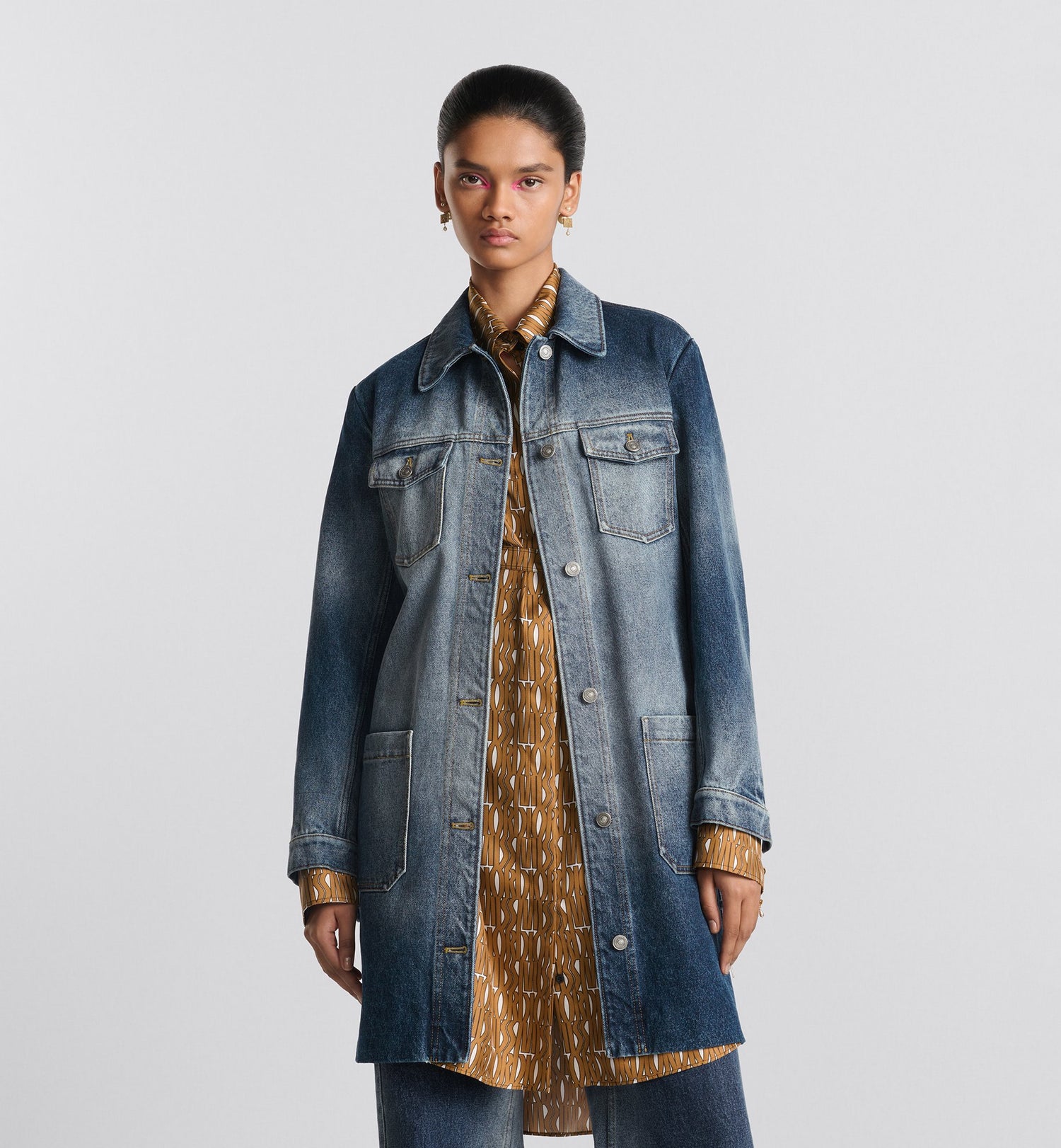 Long Belted Jacket Blue Stonewashed Cotton Denim With Dior Oblique Interior