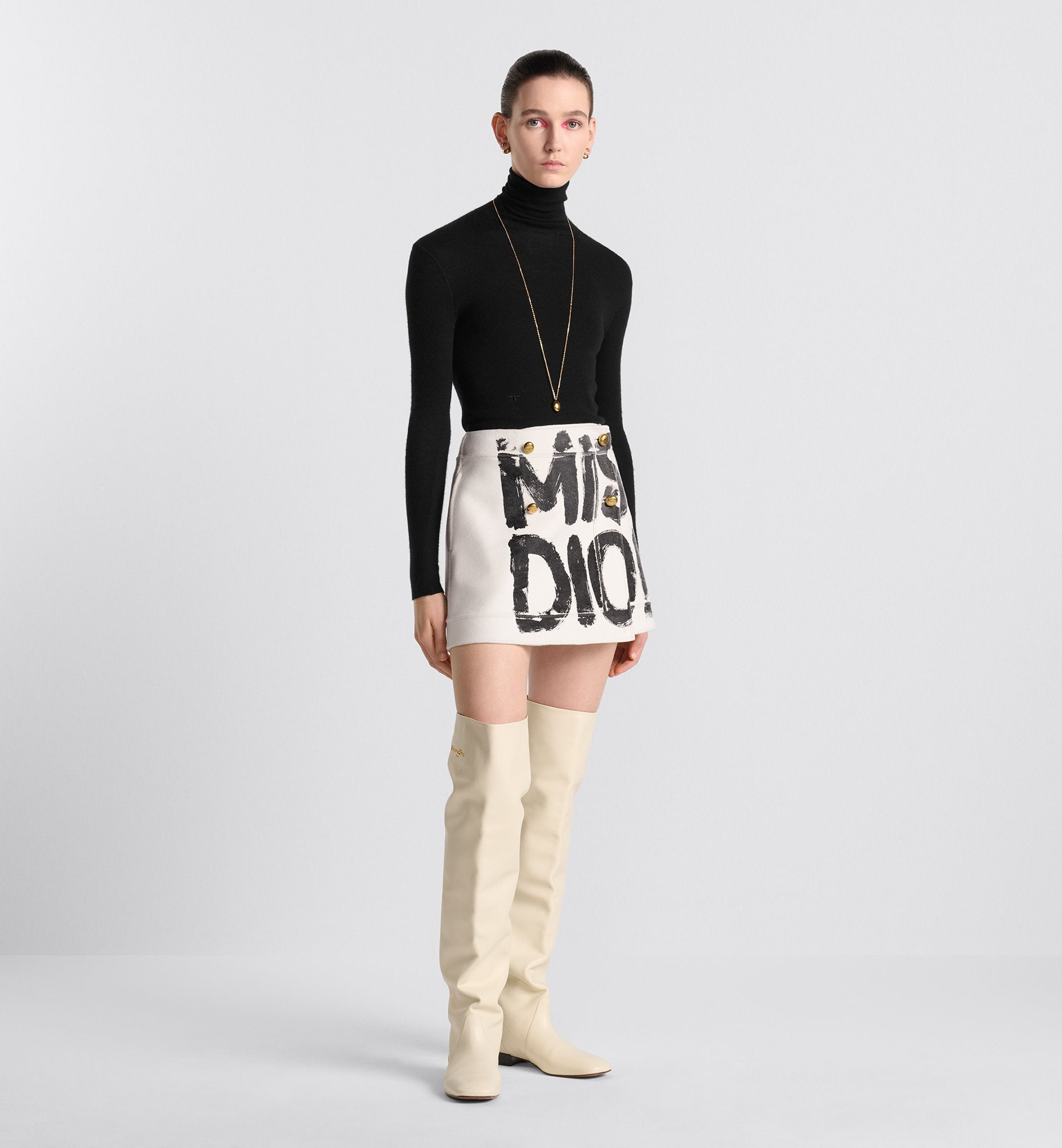 Wrap Miniskirt White Double-Sided Virgin Wool And Rabbit Hair Blend Felt With Navy Blue Miss Dior Graffiti Motif