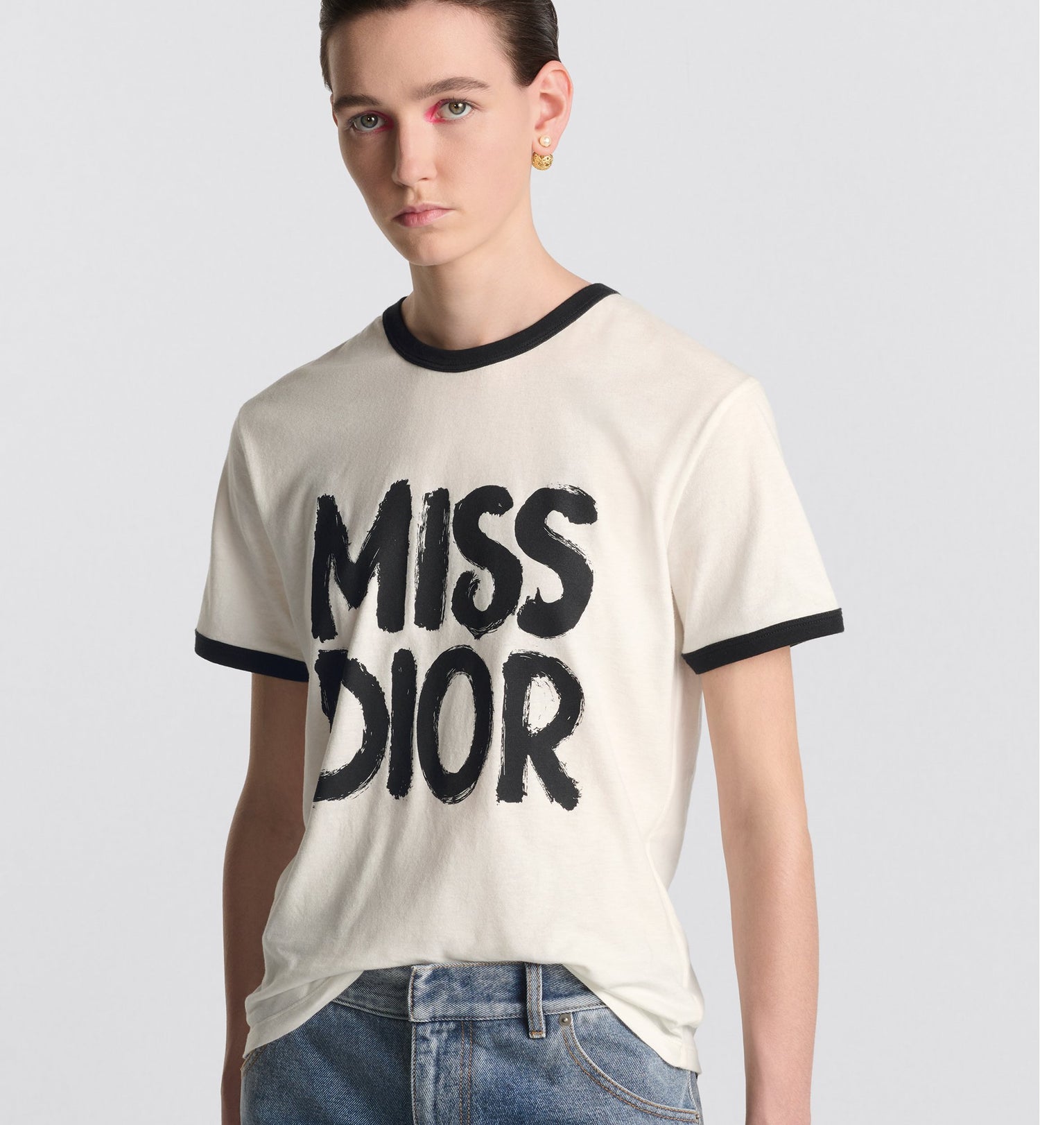 T-Shirt White Cotton And Linen Jersey With Black Miss Dior Graffiti Motif