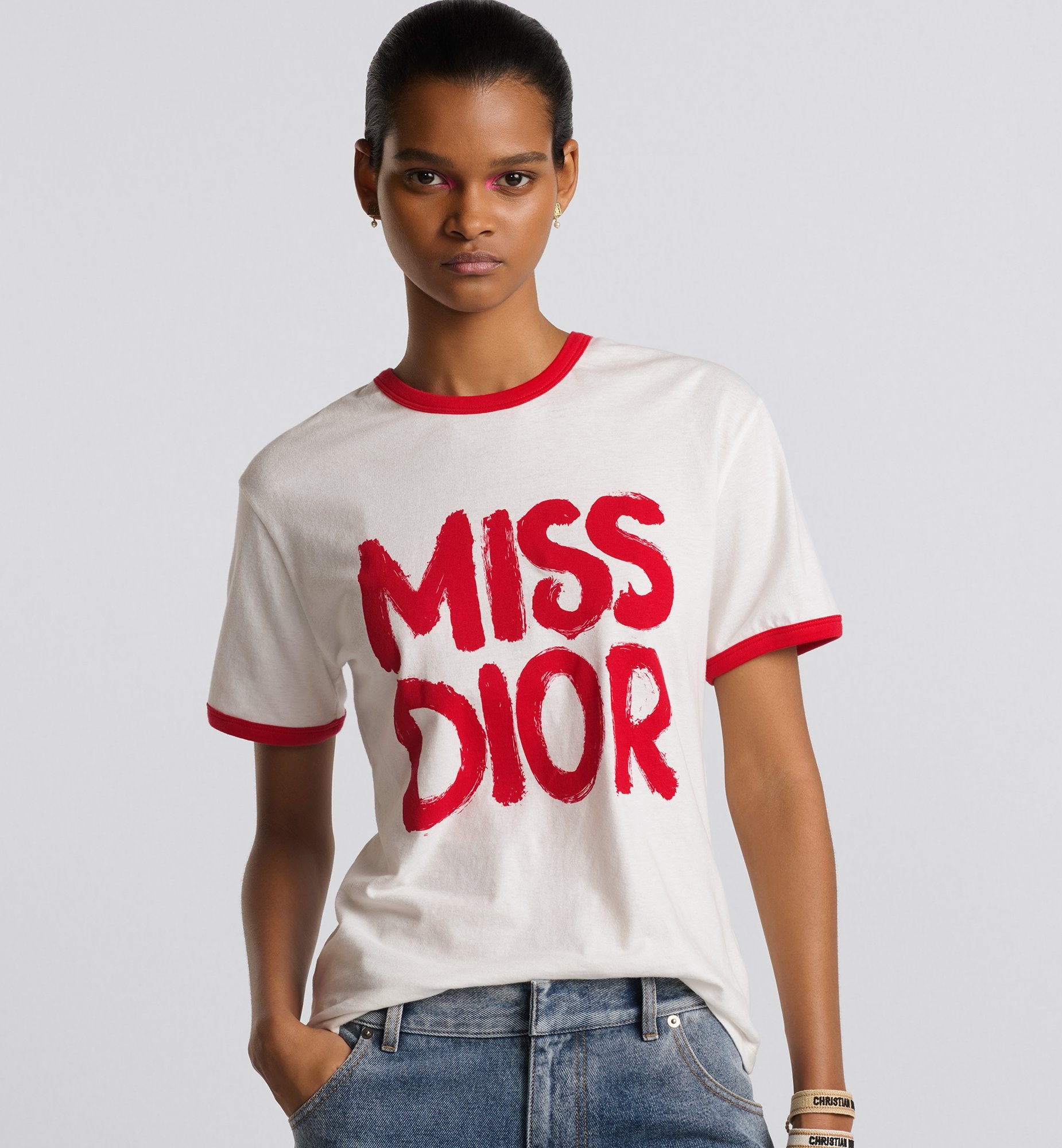 T-Shirt White Cotton And Linen Jersey With Red Miss Dior Graffiti Motif