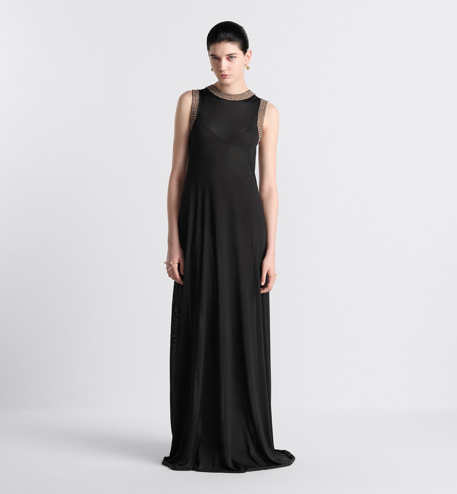 Embroidered Long Dress Black Silk Knit