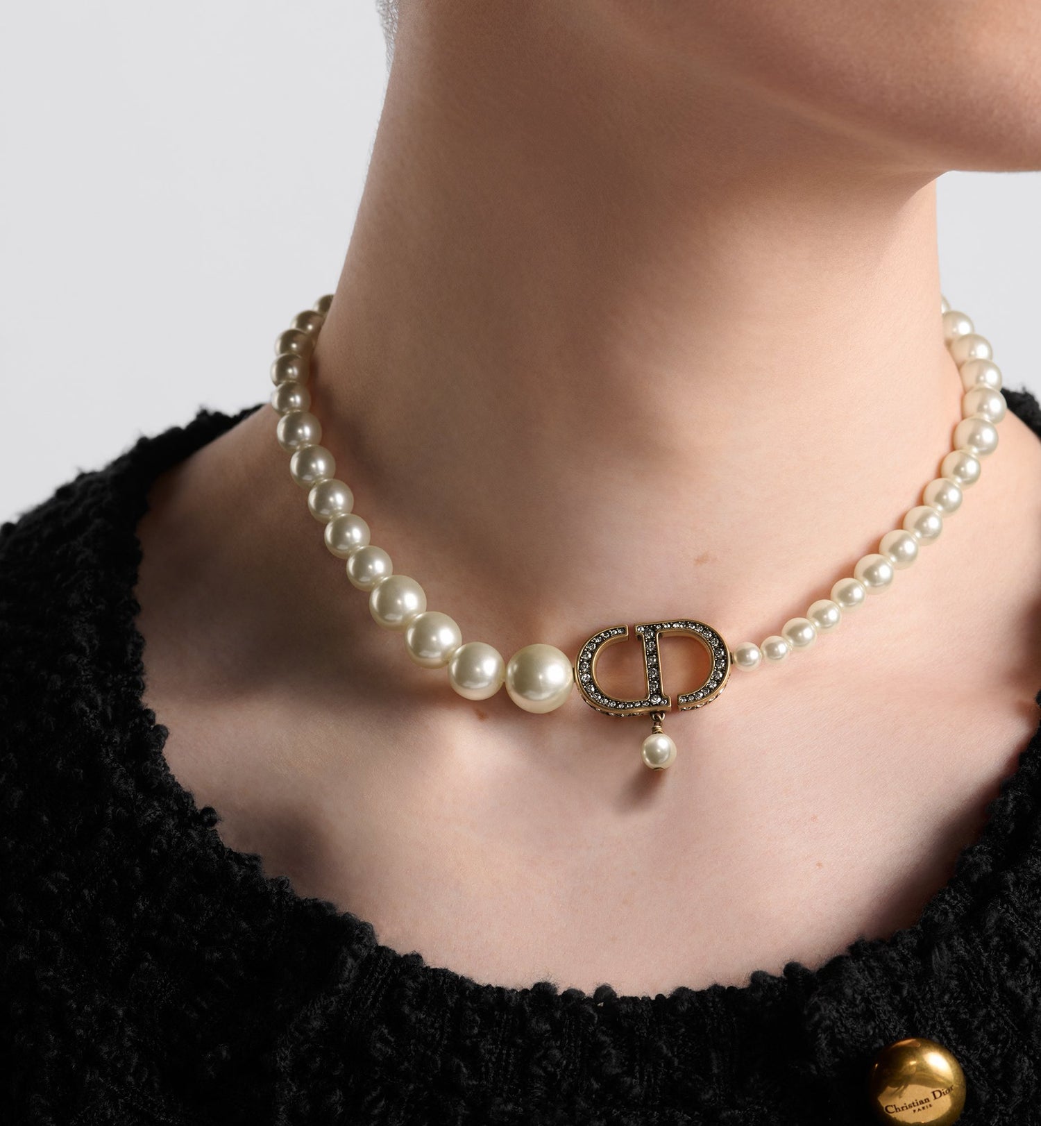 30 Montaigne Necklace Antique Gold Finish Metal With White Resin Pearls And Silver-Tone Crystals