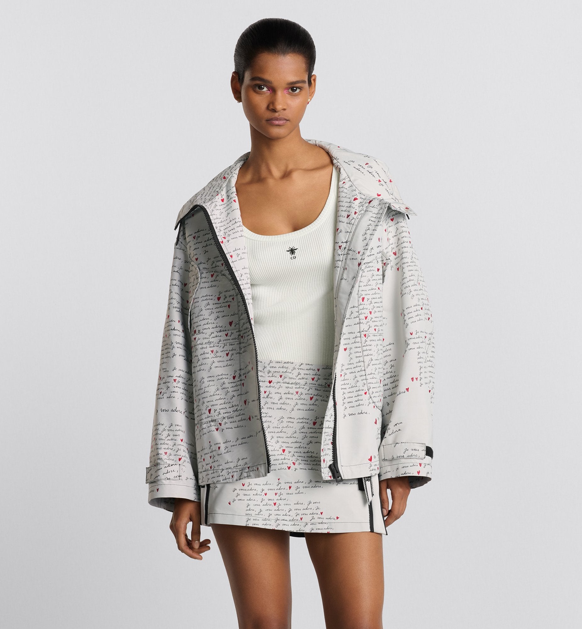 Dioramour Hooded Anorak White Technical Taffeta Jacquard With Black And Red Je Vous Adore Motif