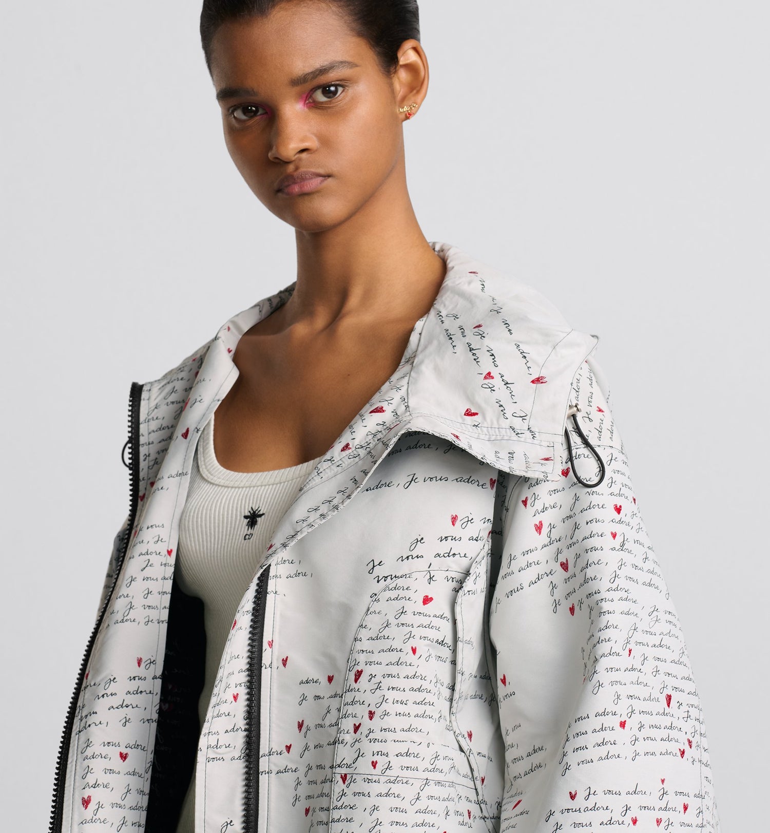 Dioramour Hooded Anorak White Technical Taffeta Jacquard With Black And Red Je Vous Adore Motif