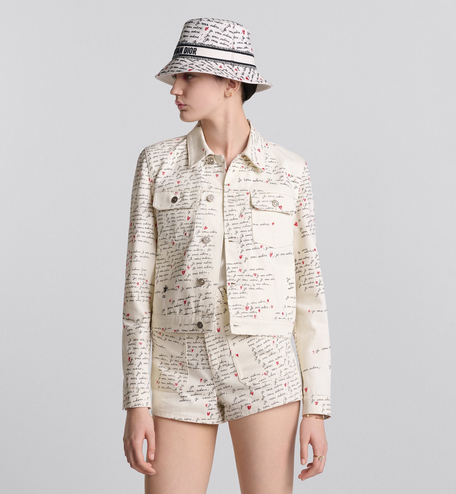 Dioramour Jacket White Cotton Denim With Black And Red Embroidered Je Vous Adore Motif