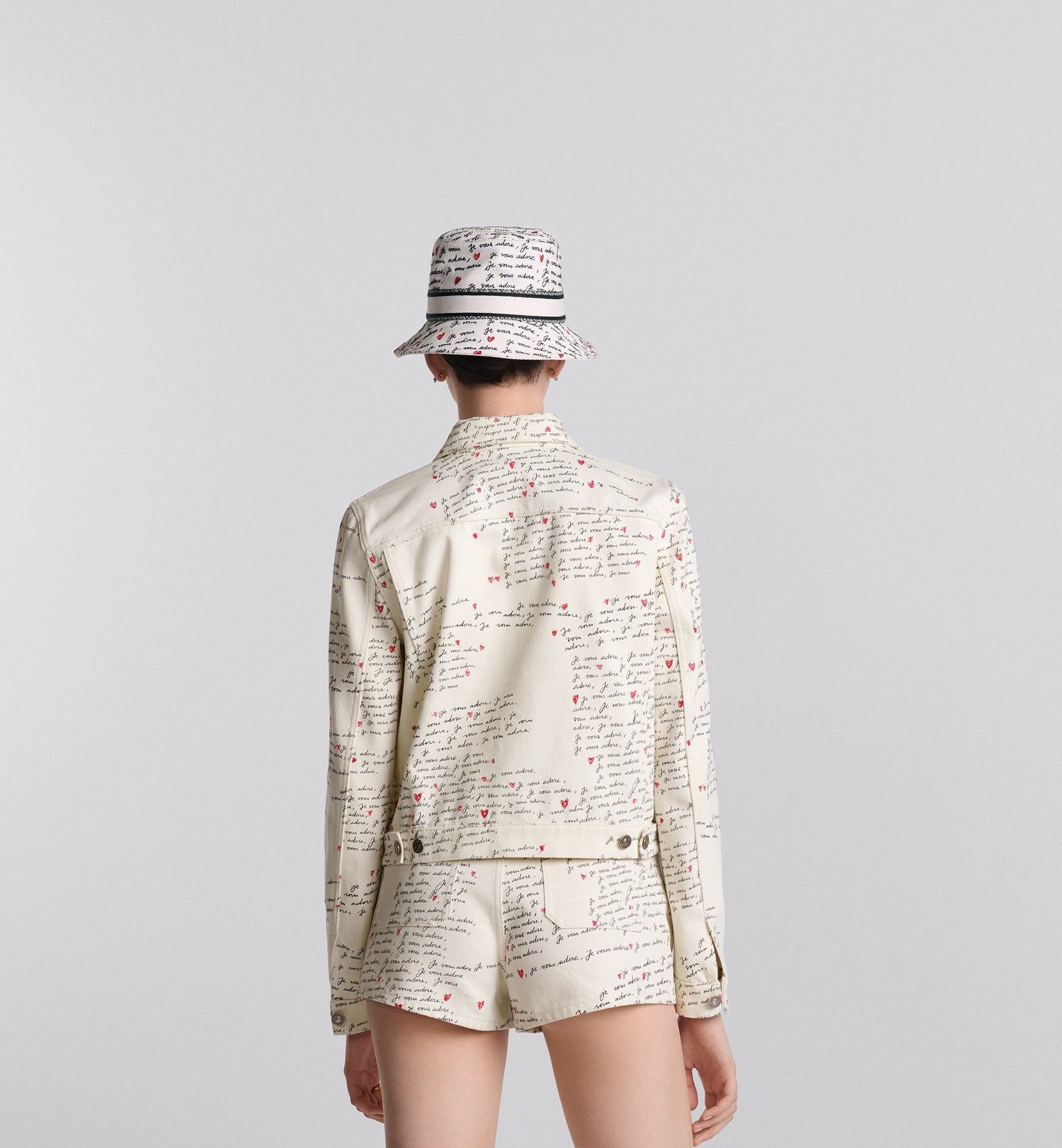 Dioramour Jacket White Cotton Denim With Black And Red Embroidered Je Vous Adore Motif