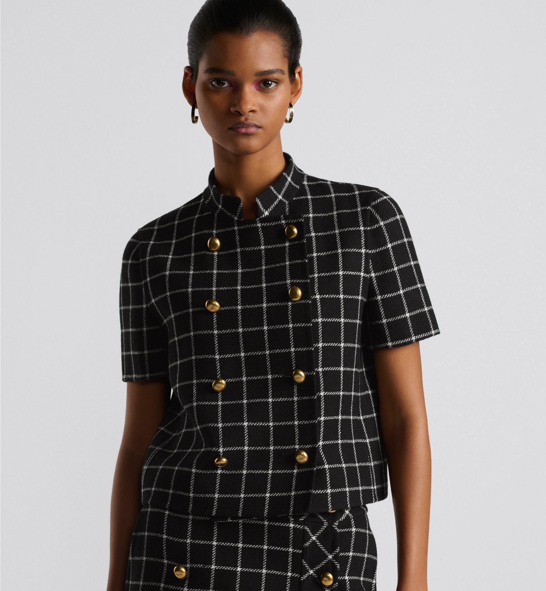 Short Sleeved Jacket Black And White Double Breasted Double-Sided Check&