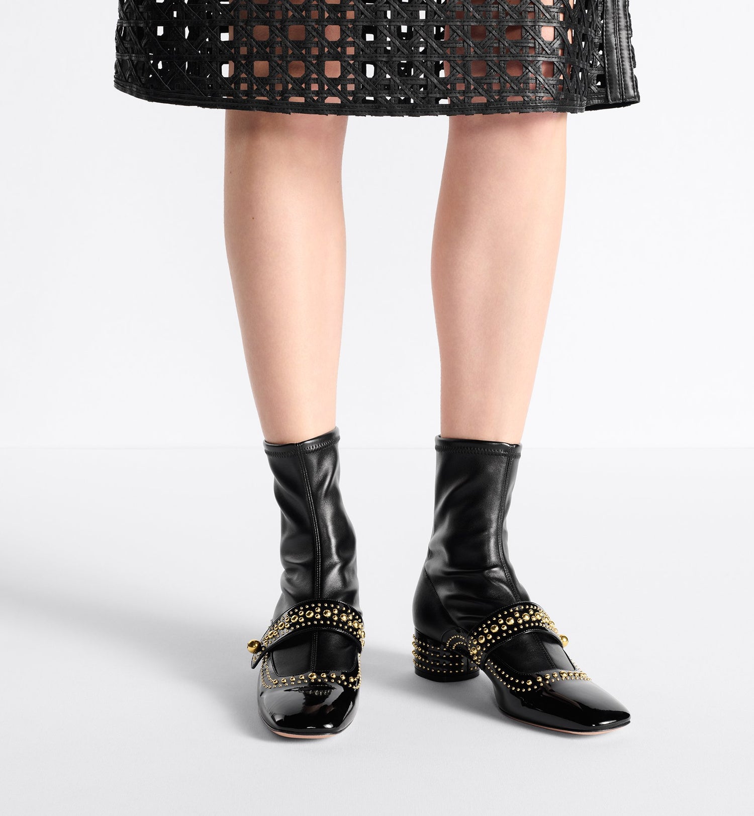 Belle-D Heeled Ankle Boot Black Patent Calfskin And Gold-Finish Studs